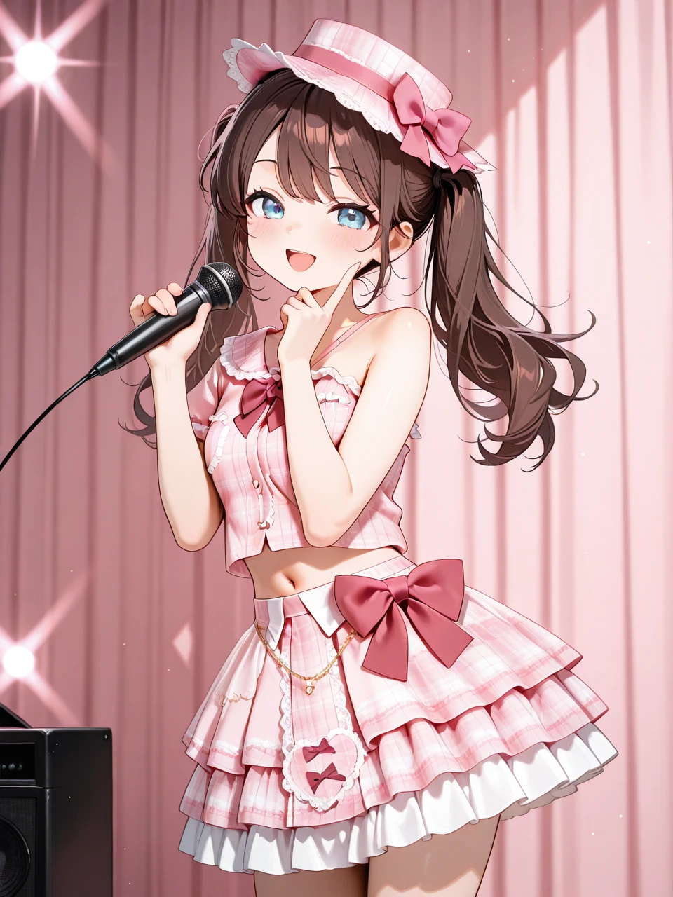 embedding:lazypos,detailed background,delicate, dreamy,
1girl, solo,
Hanasaki_Himari_OC, long hair, blue eyes, brown hair,twintails, breasts,
short single sleeve plaid shirt,bare shoulder, strap,pink shirt,red bowtie,lace trim,breast pocket,stomach,navel,
layered skirt,pink short plaid skirt,frills,lace trim,red waist bow,
plaid hat,pink hat bow,lace trim,
cowboy_shot,bare_legs,  
standing,looking_at_viewer,smile,singing,holding_microphone,front view,finger_to_face,   
stage,stage_lights, 
