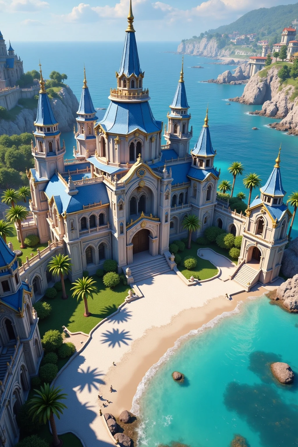 DJ_style,Fantasy architectural scenes, multi - spired towers, winding staircases, colorful banners, a backdrop of snow - capped mountains.