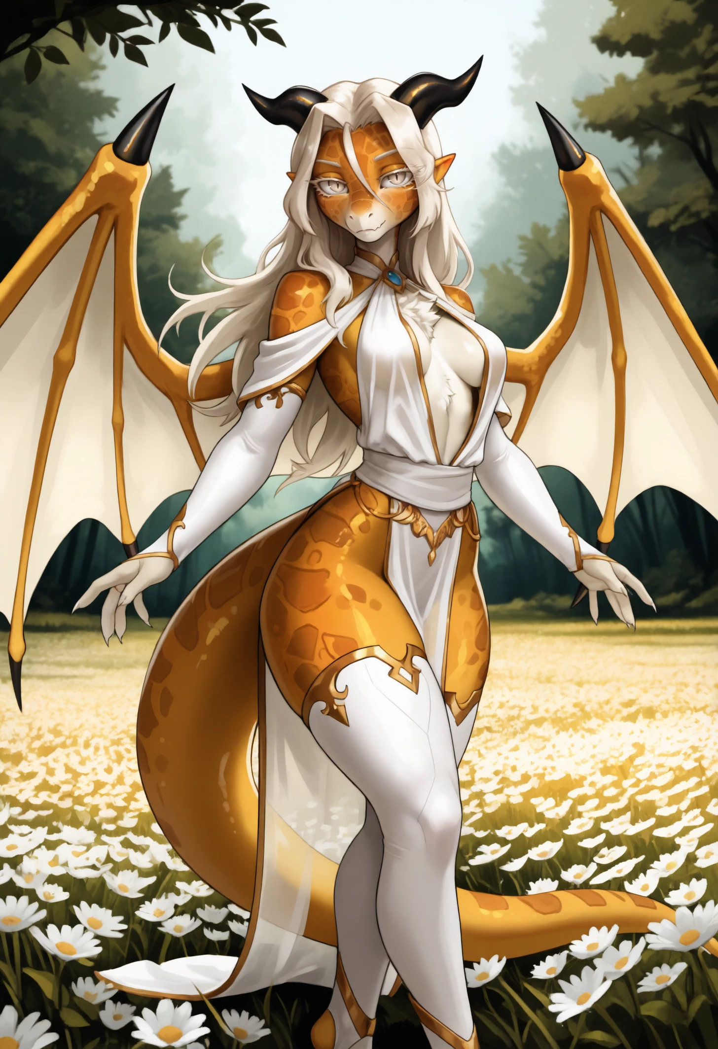 masterpiece, best quality, 1girl, dragon girl, monster girl, multicolored skin, yellow skin, white skin, scales, dragon horns, black horns,  tuft, snout, beak, pointy ears, colored eyelashes, platinum blonde eyelashes, platinum blonde eyes, slit pupils, long hair, platinum blonde hair, hair intakes, hair between eyes, claws, , lizard tail, yellow tail, dragon wings, yellow wings, two-tone wings, white wings, black spikes, 
skin fang,
white halterneck, white dress, see-through dress, center opening, plunging neckline,  shoulders, white gloves, bridal gauntlets, white sash, pelvic curtain, white thighhighs, bridal legwear, toeless legwear, gold trim,
standing, looking at viewer, arms at sides, light smile, standing, dynamic pose,
flower field, windy, outdoors, scenery, nature, plant, from side,
<lora:Winny-Wilson-NoobAi-1.1_V1-Manityro-CAME:1>