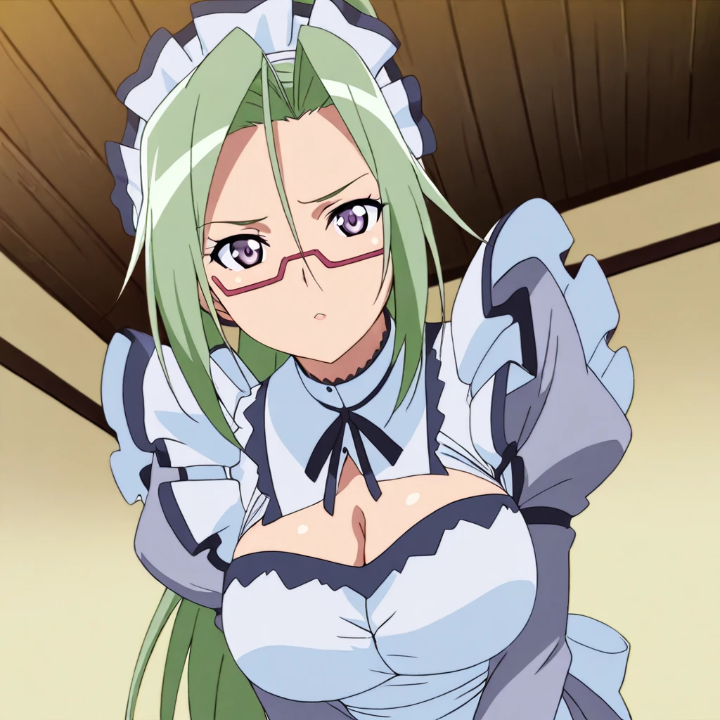 masterpiece,high score,great score,absurdres,anime coloring,looking at viewer,1girl,solo,<lora:MitsukiHanyuu ag4o:1> mitsukihanyuu, green hair, ponytail, purple eyes, glasses,maid,cleavage,
