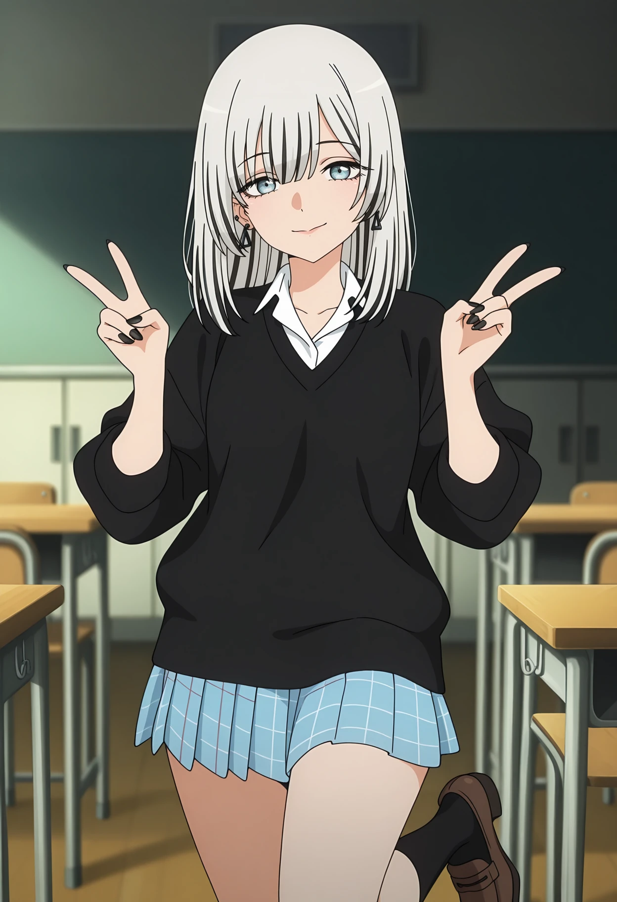 masterpiece,best quality, anime coloring, anime screencap,
1girl, solo, wing collar, collared shirt, white shirt, blue skirt, pleated skirt, plaid skirt, multicolored hair, black hair, grey hair, streaked hair, black sweater, black socks, brown loafers, black nails, earrings,
<lora:kasai_seira_meipaws:1>, looking at viewer, classroom, blurry background, standing on one leg, double v, peace sign, light smile,