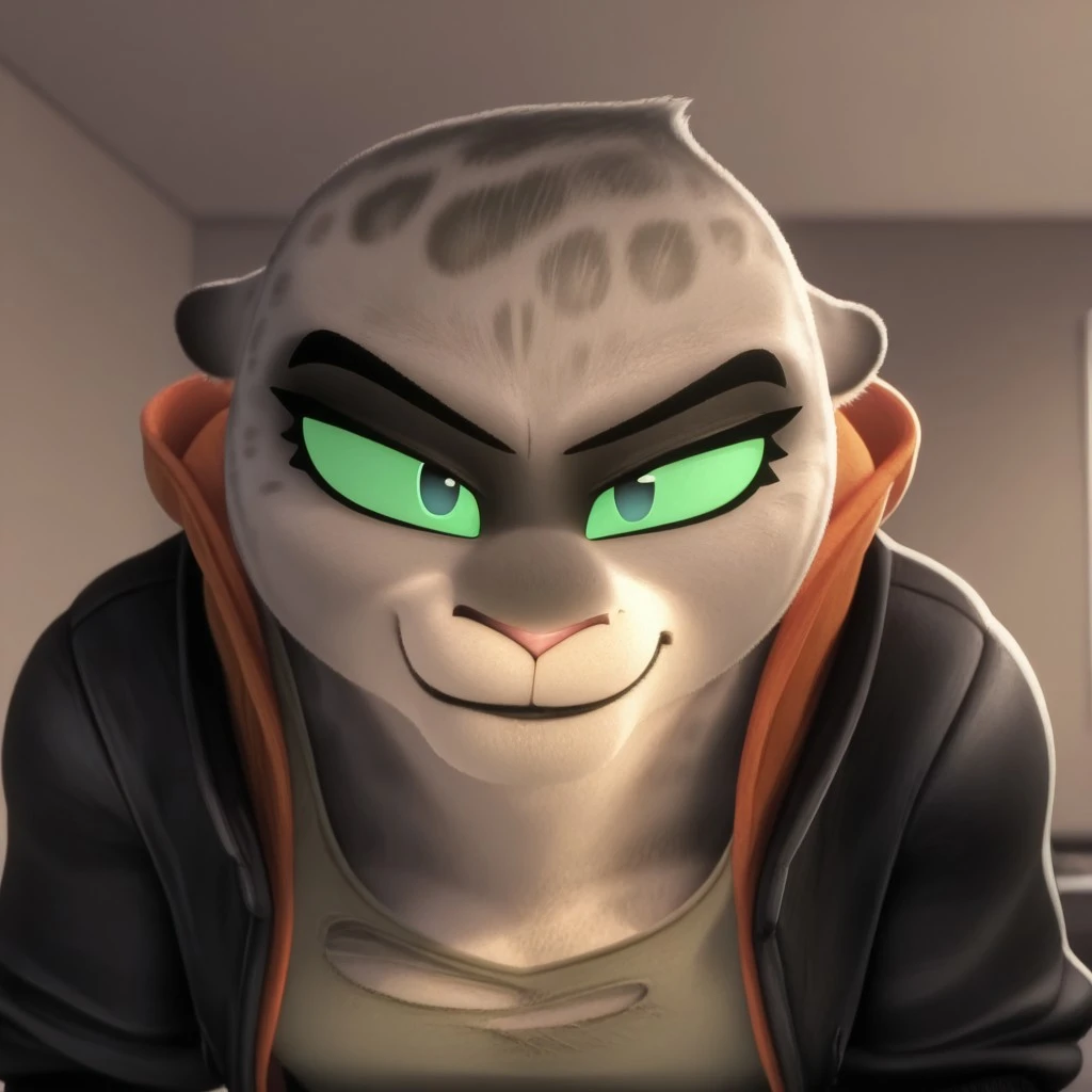 score_9_up, score_8_up, score_7_up, best quality, 4K, absurd res, high res, cinematic, perfect, kittykat, black eyebrows, bedroom eyes, orange hoodie, snow leopard, black jacket, black hat, tattered shirt, bust, close-up on face, face focus, pink nose, furry, female, anthro, black lips, detailed fur, movie accurate, official, screenshot, green sclera, black pupils, left eye ring, round ears, feline, gray fur, gray fur spots, 3D, cgi, standing, looking at viewer, bright, modern hotel room, smirk, closed mouth,
