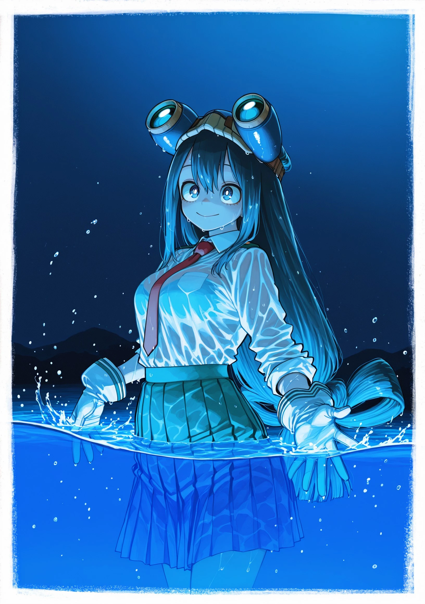 horikoshistyle, 1girl, long hair, solo, necktie, goggles on head, skirt, blue eyes, goggles, water, wet clothes, smile, wet, gloves, school uniform, breasts, black hair, u.a. school uniform, partially submerged, pleated skirt, wading, shirt, very long hair, red necktie, hair rings, low-tied long hair, blue theme, Tsuyu Asui,