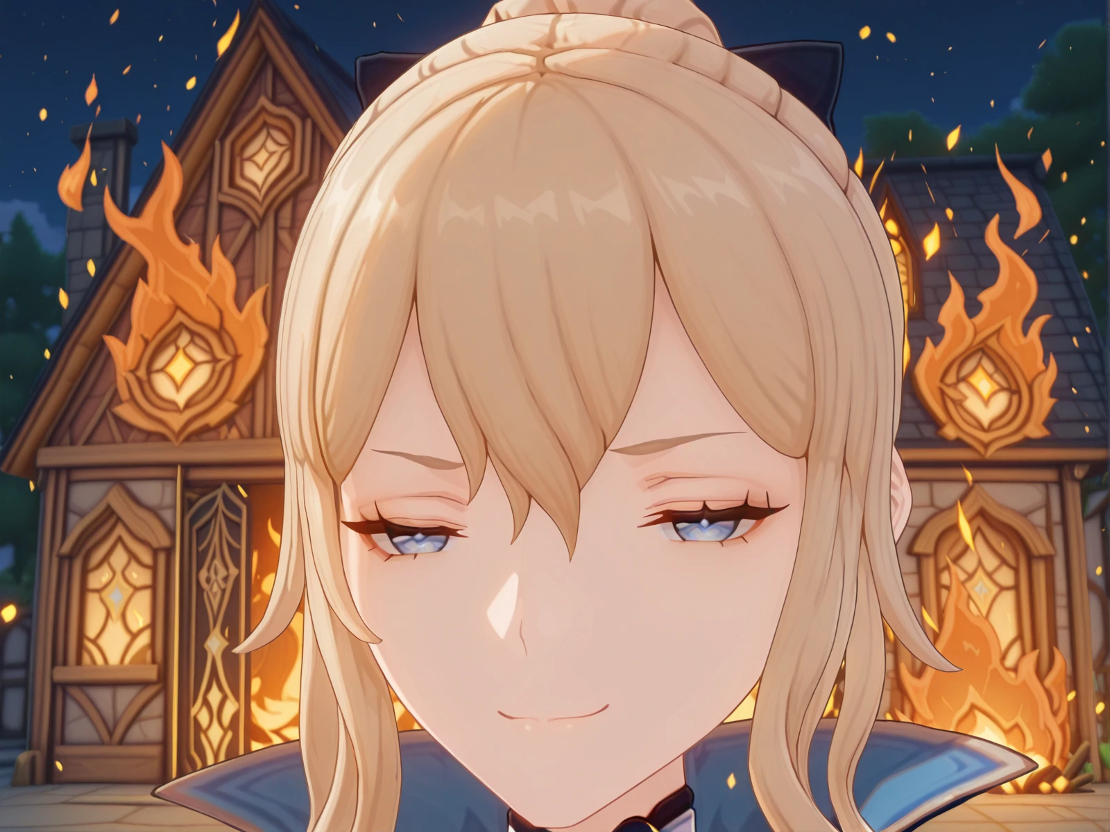 masterpiece, best quality, amazing quality,, <lora:genshin-jean-ingame-illustriousxl-lora-nochekaiser:1>, jean, jean (genshin impact), long hair, bangs, blue eyes, blonde hair, bow, hair between eyes, ponytail, hair bow, sidelocks, mature female, breasts, 3d,, <lora:disaster-girl-illustriousxl-lora-nochekaiser:1>, disaster girl, disaster girl (meme), solo, looking at viewer, smile, closed mouth, upper body, blurry, blurry background, night, depth of field, half-closed eyes, parody, fire, meme, smug, burning house,, , ,