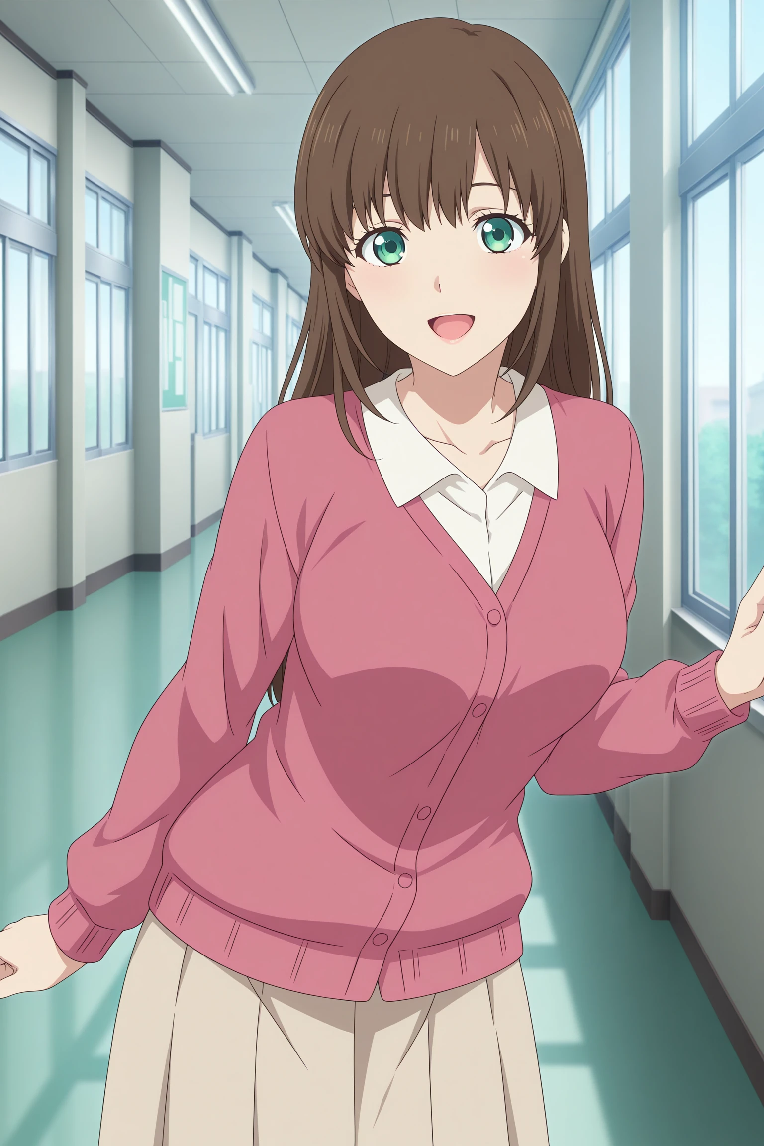 masterpiece, best quality, amazing quality, highres, absurdres, very aesthetic, high resolution, ultra detailed, perfect details, 1girl, solo, indoors, school hallway, day, tachibana hina, long hair, brown hair, sidelocks, choppy bangs, green eyes, long sleeves, pink cardigan, white shirt, collared shirt, untucked shirt, brown shirt, medium shirt, white footwear, flats, <lora:Hina_Tachibana_ILXL:0.8>, (aged up:1.2), (cowboy shot:1.5), looking at viewer, (anime coloring:1.2), standing, pose, smile, open mouth