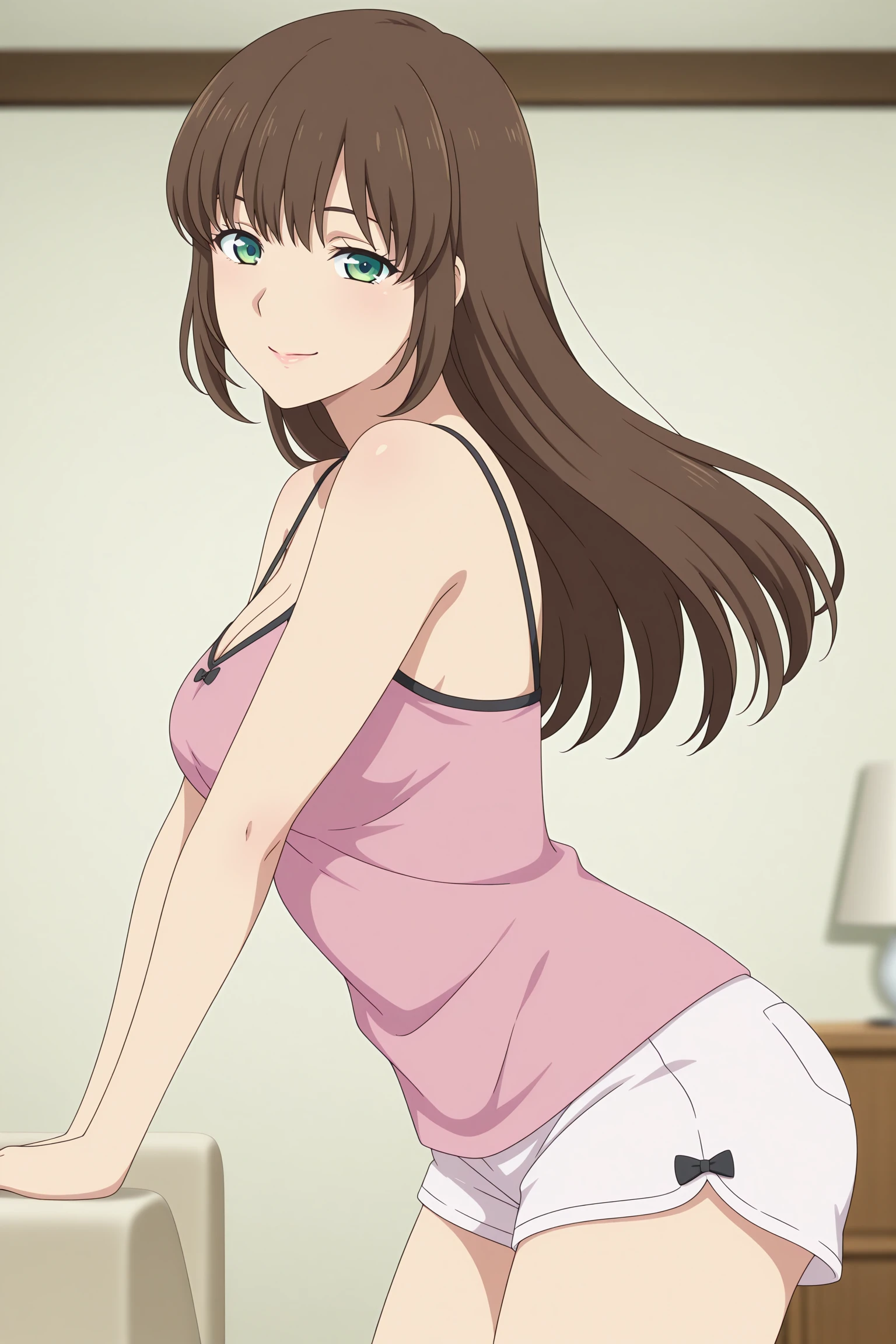 masterpiece, best quality, amazing quality, highres, absurdres, very aesthetic, high resolution, ultra detailed, perfect details, 1girl, solo, indoors, living room, tachibana hina, long hair, brown hair, sidelocks, choppy bangs, green eyes, pink camisole, spaghetti strap, black strap, white shorts, micro shorts, dolphin shorts, <lora:Hina_Tachibana_ILXL:0.9>, (aged up:1.2), (cowbot shot:1.5), looking at viewer, (anime coloring:1.5), standing, (dynamic pose:1.5),  smile, (from side:1.3)