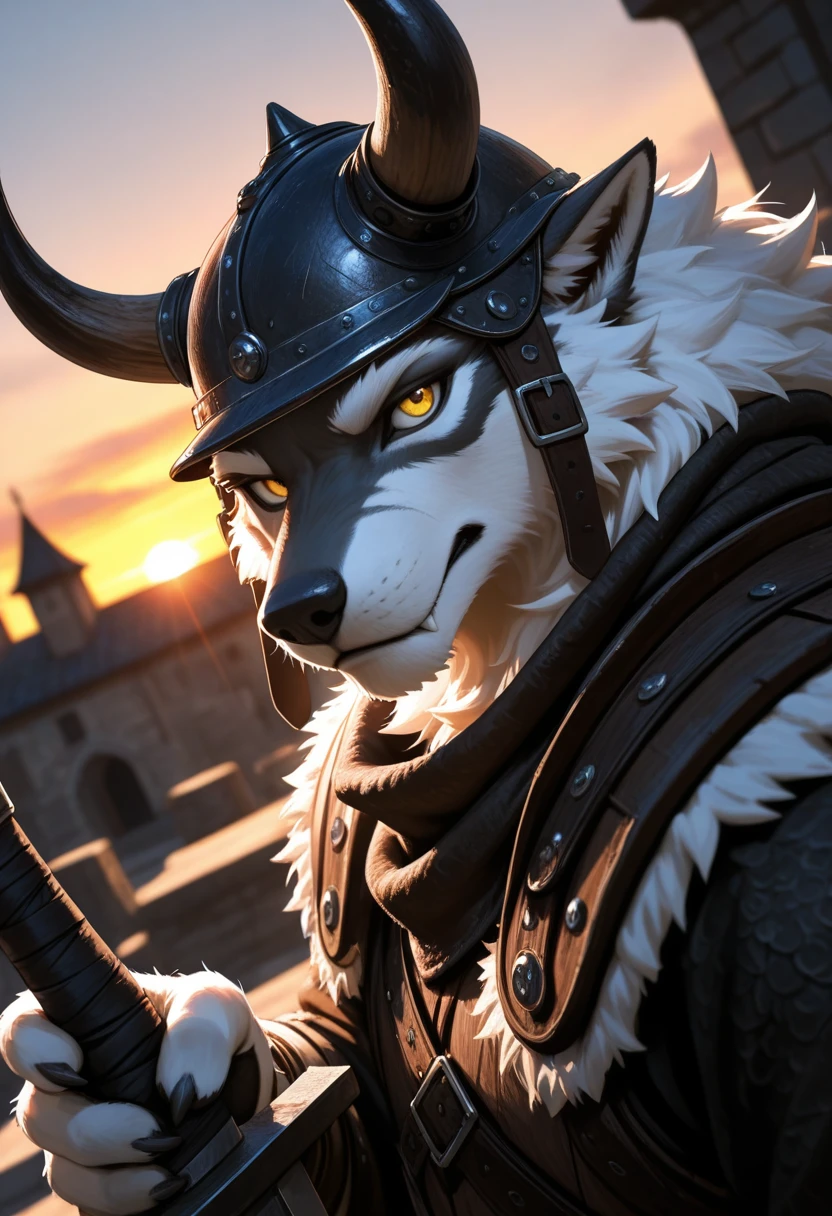 masterpiece, high detail, depth of field, dynamic lighting, best quality, very aesthetic, 8k, best quality, cinematic, high resolution, ultra-detailed, absurdres, newest,
1boy, male, anthro, wolf, white fur, yellow eyes, portrait, dutch angle, looking at viewer,
viking, helmet with horns, holding huge sword,
sunset, courtyard, dutch angle,