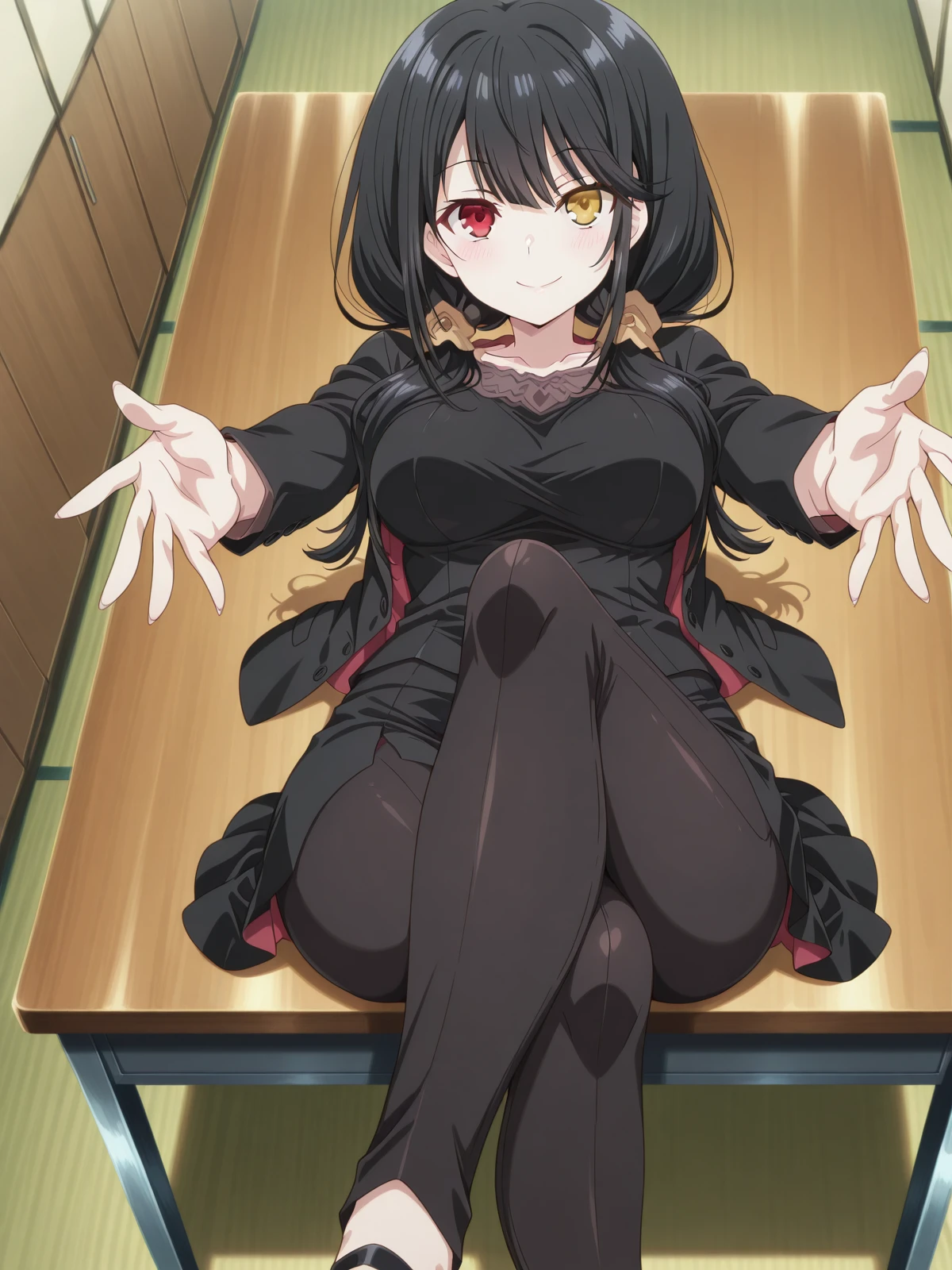 masterpiece, best quality, amazing quality,, <lora:kurumi-tokisaki-s2-illustriousxl-lora-nochekaiser:1>, kurumi tokisaki, black hair, red eyes, long hair, twintails, yellow eyes, heterochromia, mature female, medium breasts, anime screencap, <lora:crossed-legs-reaching-towards-viewer-illustriousxl-lora-nochekaiser:1>, crossed legs reaching towards viewer, solo, looking at viewer, blush, smile, closed mouth, sitting, lying, indoors, on back, crossed legs, outstretched arms, on table, on desk,, , ,