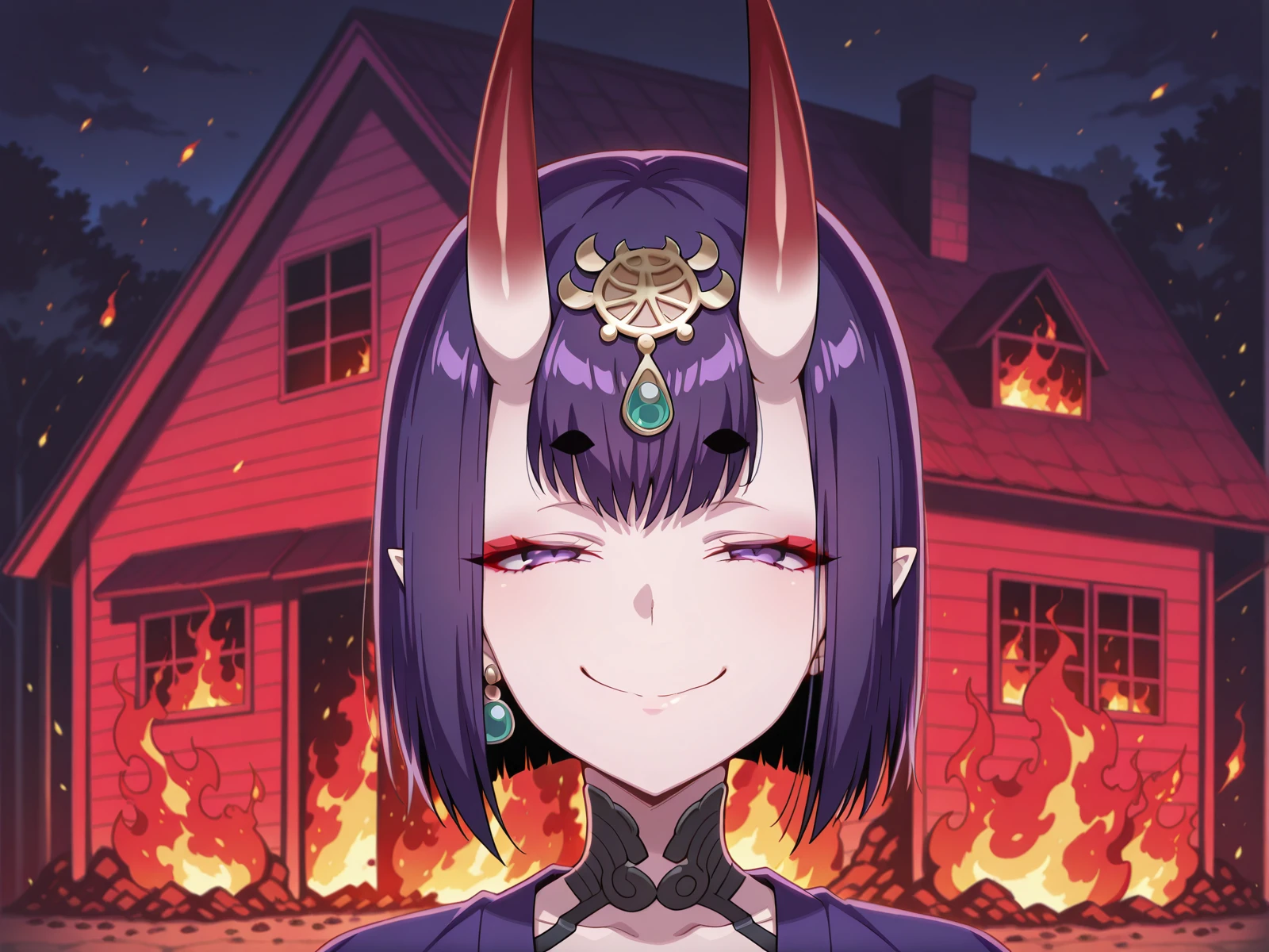 masterpiece, best quality, amazing quality,, <lora:shuten-douji-illustriousxl-lora-nochekaiser:1>, shuten douji, shuten douji (fate), purple eyes, earrings, eyeshadow, horns, makeup, oni horns, purple hair, red eyeshadow, short eyebrows, short hair, single earring, pointy ears, bob cut, eyeliner, red eyeliner, skin-covered horns, mature female, small breasts, <lora:disaster-girl-illustriousxl-lora-nochekaiser:1>, disaster girl, disaster girl (meme), solo, looking at viewer, smile, closed mouth, upper body, blurry, blurry background, night, depth of field, half-closed eyes, parody, fire, meme, smug, burning house,, , ,