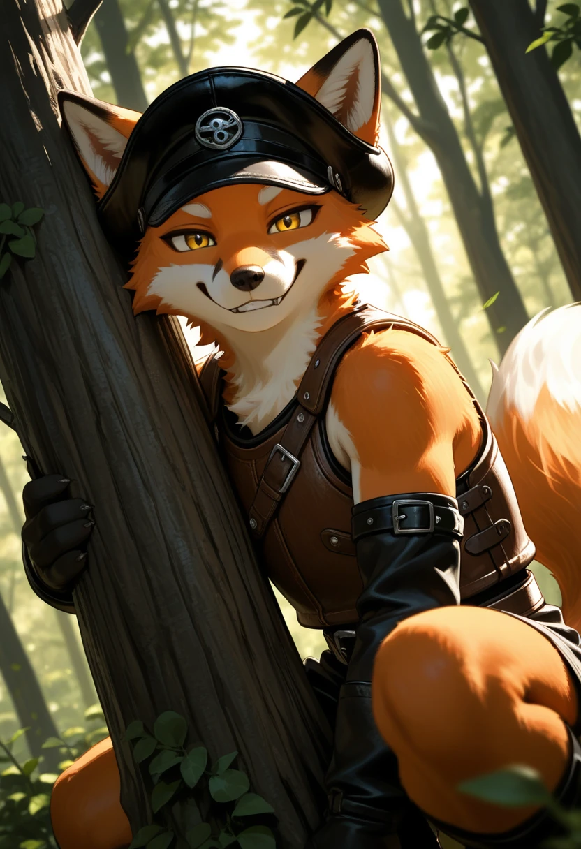 masterpiece, high detail, depth of field, dynamic lighting, best quality, very aesthetic, 8k, best quality, cinematic, high resolution, ultra-detailed, absurdres, newest,
1boy, male, anthro, fox, orange fur, yellow eyes, portrait, dutch angle, looking at viewer, cute grin,
leather armor, leather hat, 
forest, crouching in tree, daytime,