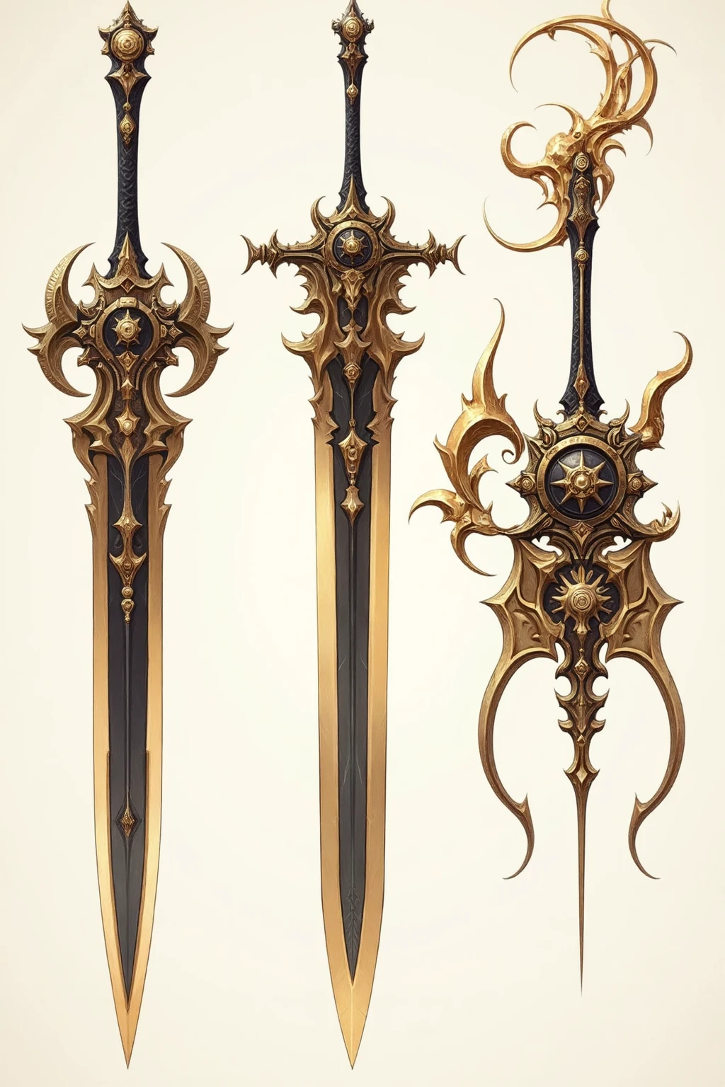 E_style,Fantasy weapon designs, celestial motif, star - shaped blades, gold and silver hilts, glowing with cosmic energy, for divine knights.