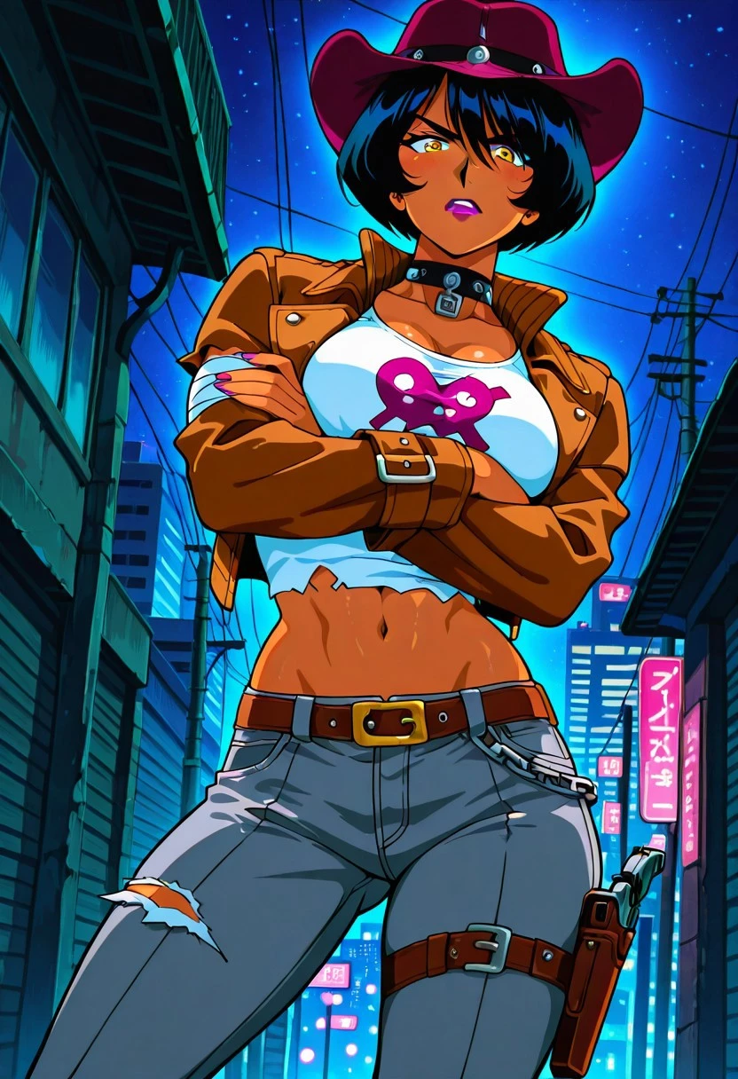 NishaBTPS, 1girl, solo, tanned skin, purple cowboy hat, black hair, bobcut, yellow eyes, hair over one eye, full lips, purple lipstick, choker, white torn shirt with print, brown jacket, , navel, midriff, groin, belt, grey denim pants, bandage, collar, chain, holster, boots, handgun, revolver,
masterpiece, best quality, fine details, intricate details, depth of field, subsurface scattering, bokeh, ultra-detailed, very aesthetic, detailed background, newest, scenery, highres, absurdres, colorful, vibrant, glowing, perfect face, 2d, perfect eyes, vibrant saturated colors, volumetric lighting, sharp, detailed eyes, perfect , perfect face, perfect eyes, mature body, clear eyes, beautiful eyes, athletic, curvy body, athletic girl, perky , perfect , round , pinup pose, teasing, expression, perfect hands,
muscular female, dutch angle, dynamic pose,
perspective, confident, annoyed, looking at viewer, leaning on guardrail, contrapposto, crossed arms, low leg, low-rise, office, night, outdoors, cowboy shot, (from below, :1.2), refined, retro
,Smooth Negative, Smooth_Quality,
90s_anime_aesthetic, 1990s (style), retro, retro artstyle