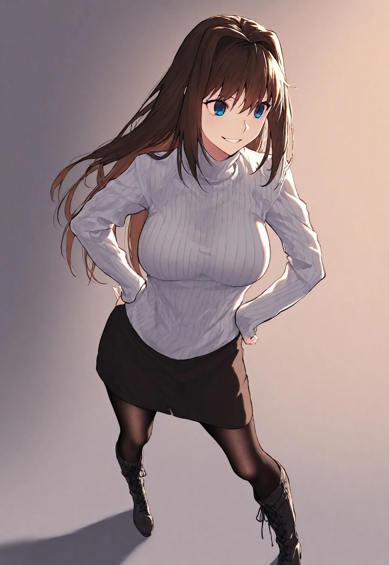 sinfully stylish, dramatic lighting, soft light, long shadows, ultra-detailed, masterpiece, very aesthetic, absurdres, perfect quality, absolutely eye-catching, best quality, intricate details, high-res, 1girl, solo blue eyes, brown hair, hair intakes, long hair, large breasts, lace up boots, pantyhose, sweater, skirt, hip sway, hand on hips, sexy smile