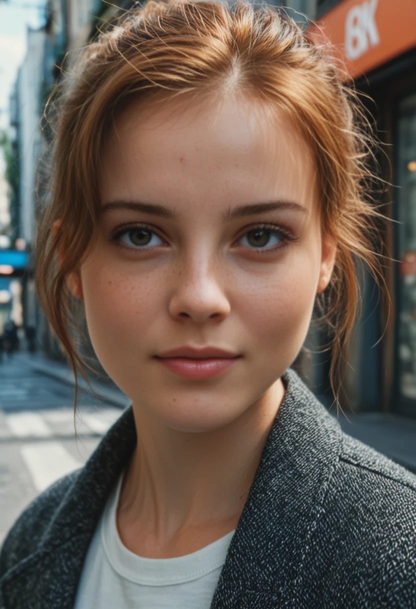 score_9, score_8_up, score_7_up, portrait of a young woman with freckles, natural look surrounded by subtle urban elements, high-resolution, sharp focus on skin details, 8K, cinematic grading, masterpiece, best quality, photorealistic, intricate hair and eye textures.