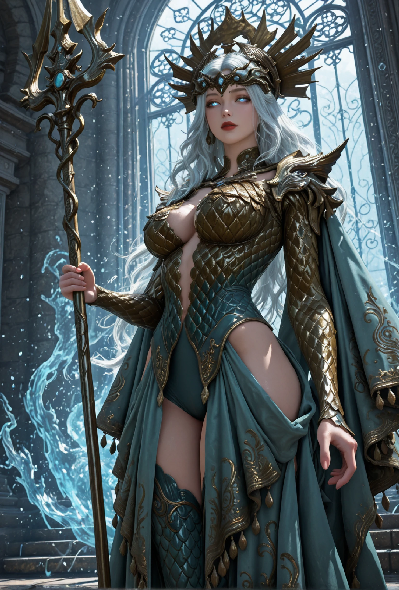 photorealistic,realistic,soft light,emotional expression,realistic shadows,erotic tension,digital painting,cel-shading,(masterpiece:1.2),(best quality:1.1),amazing quality,absurdres,ultra detailed,8k,ray tracing,very aesthetic,volumetric lighting,newest,anthro,detailed face eyes and fur,uncensored,
embedding:lazympos,
Rusalka, beautiful woman, elegant, regal, goddess-like, fair skin, flawless face, mature woman, blue eyes, glowing eyes, eyelashes, thick lips, red lips, absurdly long hair, wavy hair, silver hair, white hair, ornate golden crown, spiked crown, gemstone centerpiece, seashell motif crown, royal jewelry, gemstone necklace, ornate choker,
golden armor, scale armor, metallic chestplate, cleavage cutout, large breasts, armored scale sleeves, ornate shoulder plates, flowing cape, teal cloak, long cloak, embroidered cloak, golden embroidery, tassel details, aqua-blue fabric, silky fabric, layered skirt, slit dress, thigh slit, elegant drapery, intricate hem patterns, thick thighs, wide hips, narrow waist, blue ornate thighhighs, high heels, standing, holding spear, holding_trident, golden trident
mystical aura, oceanic aura,underwater ruins, royal floor,
cowboy_shot, dutch_angle, from_side, from_below,