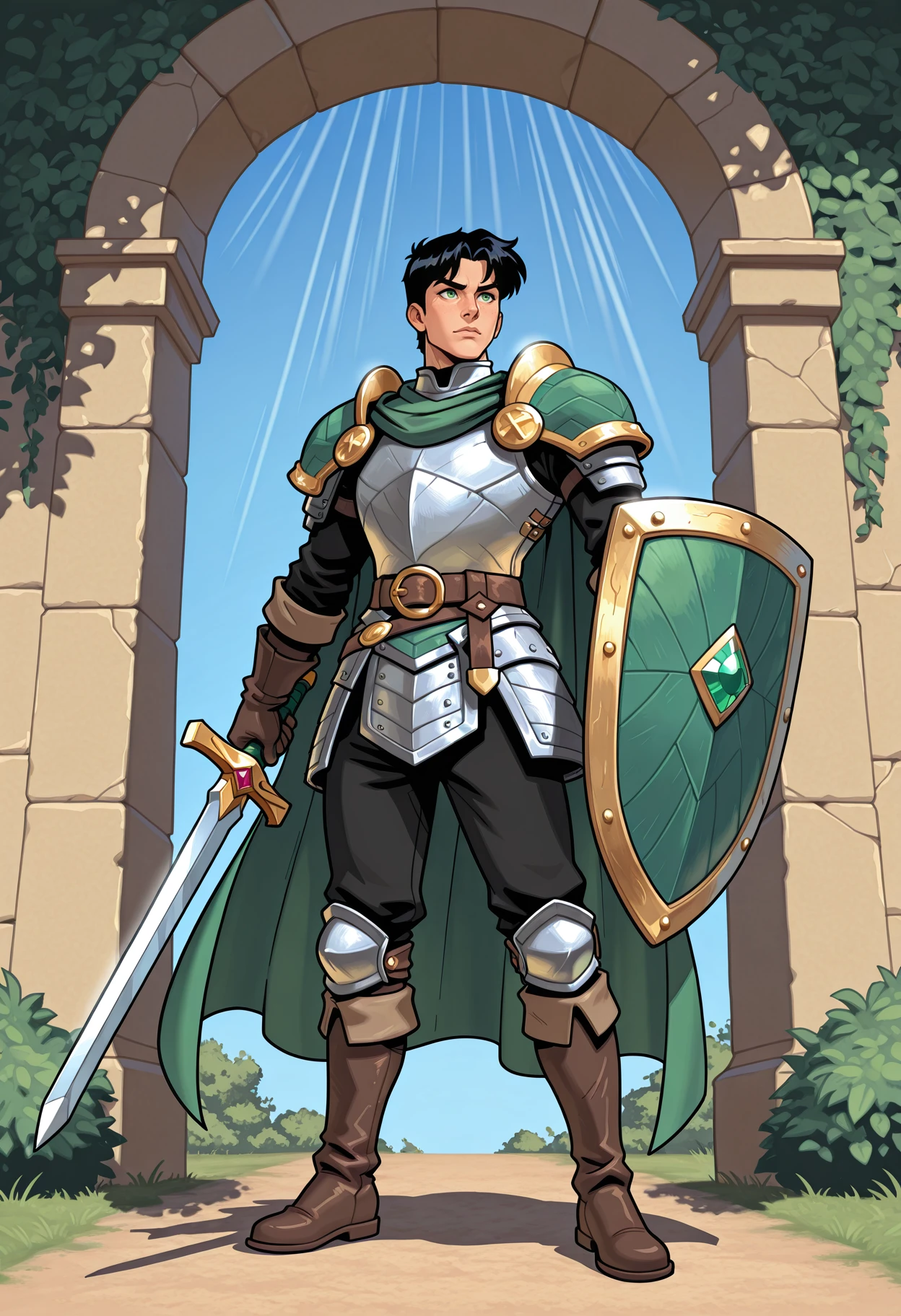 comicbook style,Masterpiece,best quality,absurdres,boy,solo,male focus,black hair,green eyes,short hair,bangs,green cape,gloves,shoulder armor,long sleeves,gem,knee boots,black pants,belt,footwear,armor,plate armor,holding shield,shield,holding sword,footwear,outdoors,day,blue sky,beautiful background,(light rays:1),(glow:1) mystical,dappled shadows,detailed background,beautiful background),