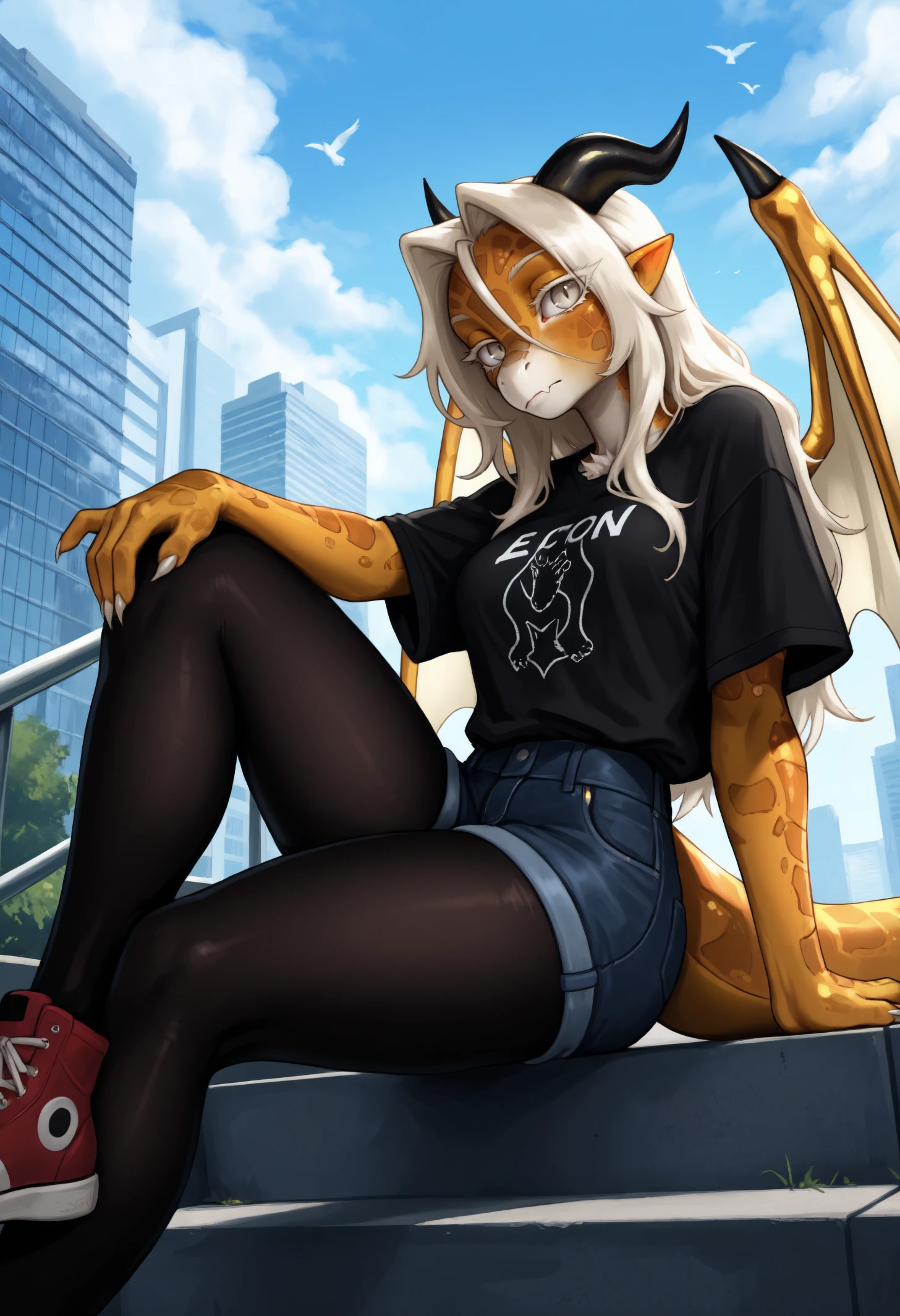 masterpiece, best quality, 1girl, dragon girl, monster girl, multicolored skin, yellow skin, white skin, scales, dragon horns, black horns,  tuft, snout, beak, pointy ears, colored eyelashes, platinum blonde eyelashes, platinum blonde eyes, slit pupils, long hair, platinum blonde hair, hair intakes, hair between eyes, claws, , lizard tail, yellow tail, dragon wings, yellow wings, two-tone wings, white wings, black spikes, 
skin fang,
graphic tee, black t-shirt, loose shirt, loose clothes, denim shorts, pantyhose under shorts, black pantyhose, red sneakers,
looking at viewer, expressionless, sitting, hand on own knee, knee up,
outdoors, city, stairs, blue sky, clouds, birds, dutch angle, low-angle view,
<lora:Winny-Wilson-NoobAi-1.1_V1-Manityro-CAME:1>