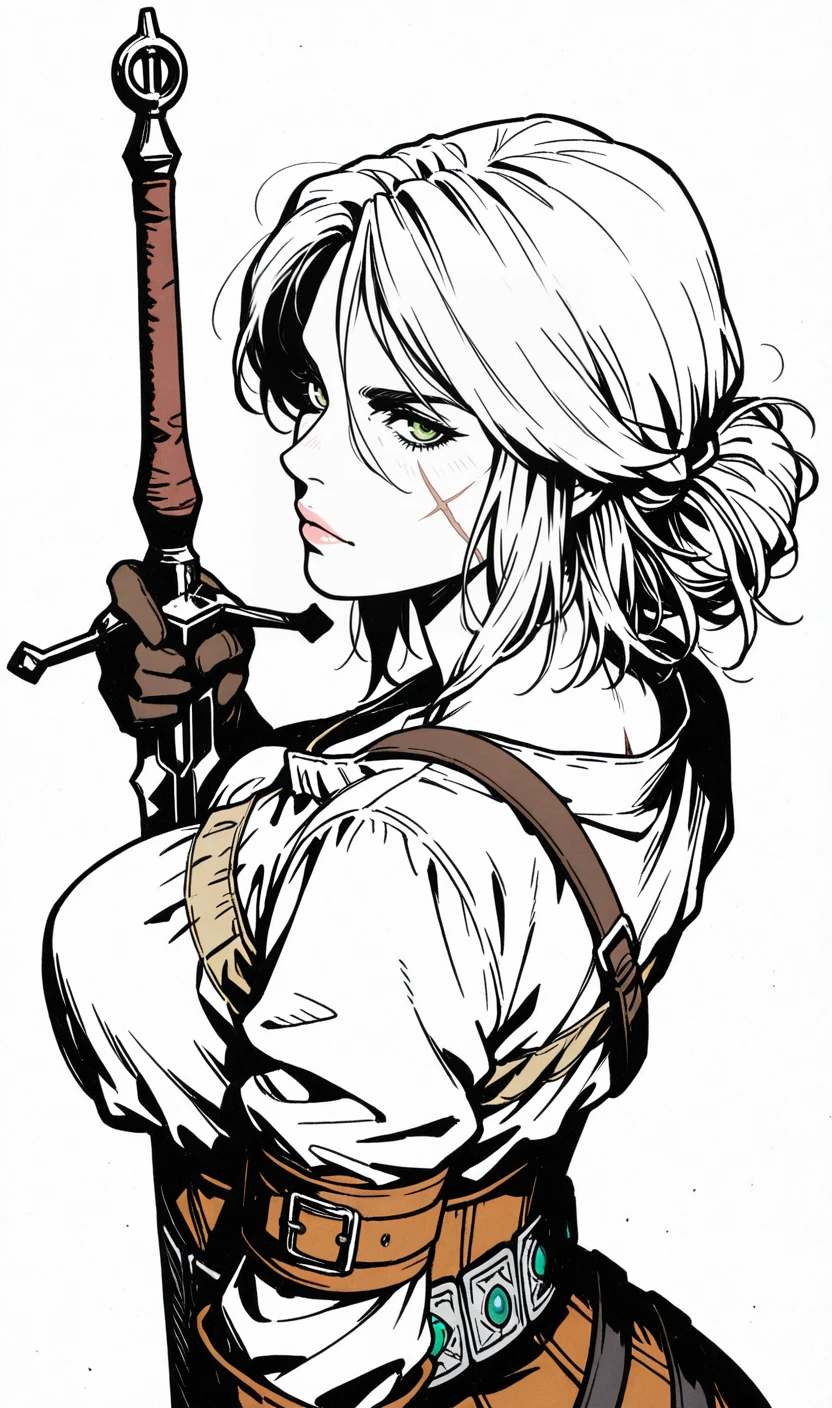 soft and warm color, movie still,bright,vivid,dreamy,evocative use of light and shadow, incredible beauty,anime style, anime coloring, vibrant,studio anime,beautiful,textural,(((masterpiece))),(((best quality))),((ultra-detailed)),impeccable, dream like, solo, 1girl, aged_up,mature female, tall_female, , , , perfect body, looking at viewer, <lora:Ciri_The_Witcher_3:0.9>, ciri, white hair, green eyes, white shirt, brown gloves, scar on cheek, sword, half-turned, upper-body, dutch_angle, looking back, from above, simple background, greyscale, monochrome, rough sketch, linear hatching, hatching \(texture\), traditional media, paper texture,