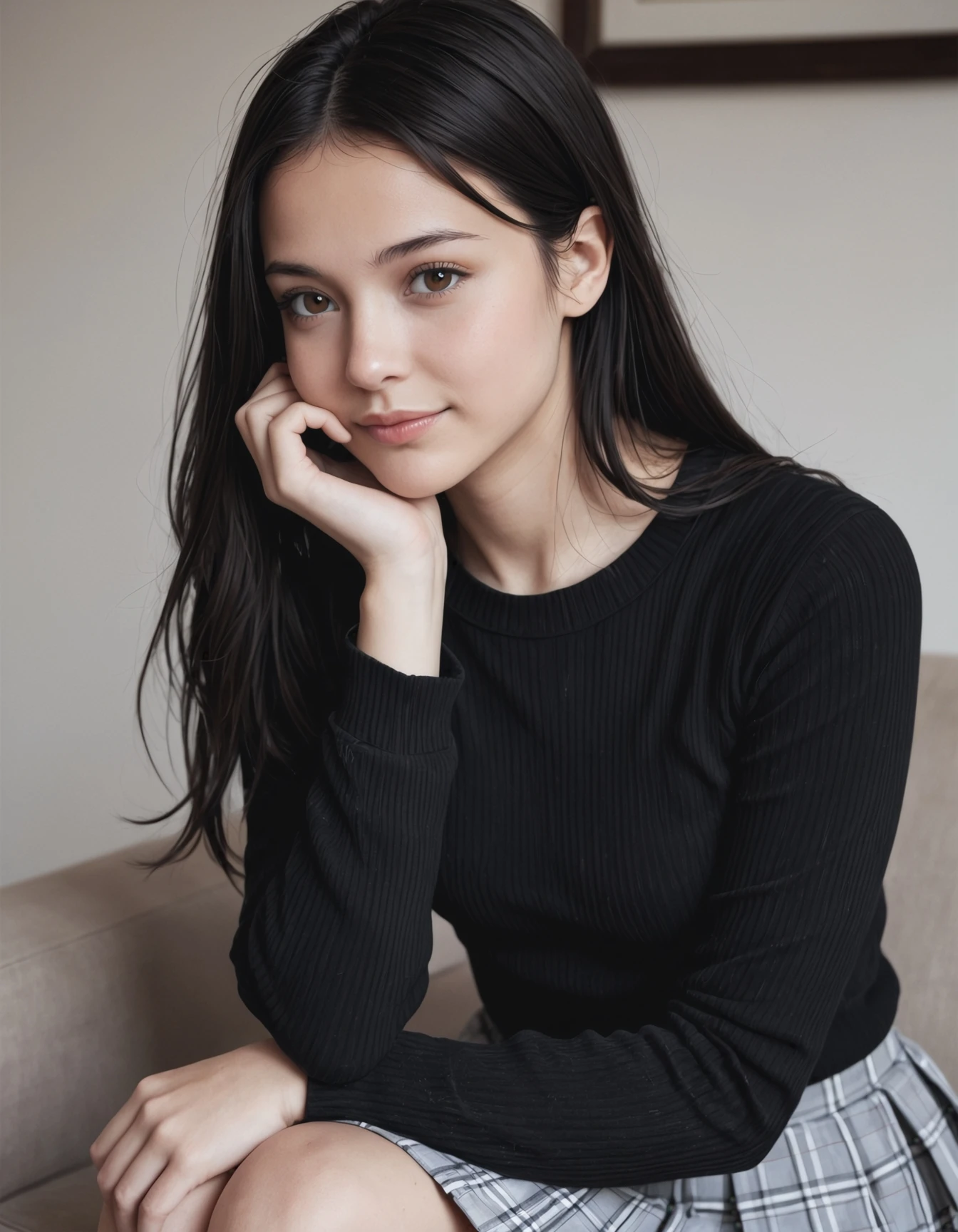 1girl, small breasts,
long hair, black hair, center-flap bangs,
black sweater, sleeves past fingers, pleated skirt,
simple background, hand on own face, light smile, portrait,, masterpiece, ultra-HD, photorealistic, high detail, best quality, 8k, best quality, sharp focus, ray-tracing, realistic, depth of field, shallow depth of field, raw photo.