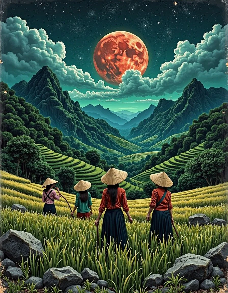 linquivera, Ink illustration, (anime:0.5), brown tones, aged black and bright green paper, different shades of green tones, inkpunk, moonlight,surreal,a landscape somewhere in vietnam, a group of women with traditional hats from behind, working on rice field, mountains, rice field, rainy (at a distance), Will-o'-the-wisp,red moonlit, solitude, windy, OverallDetail, extremely detailed, UHD,(long exposure , dystopian but extremely beautiful:1.4), award winning, best quality, masterpiece,midjourneyv6.1<lora:Flux_Krea_Blaze_Lora-rank32:1> <lora:badmilk:1>