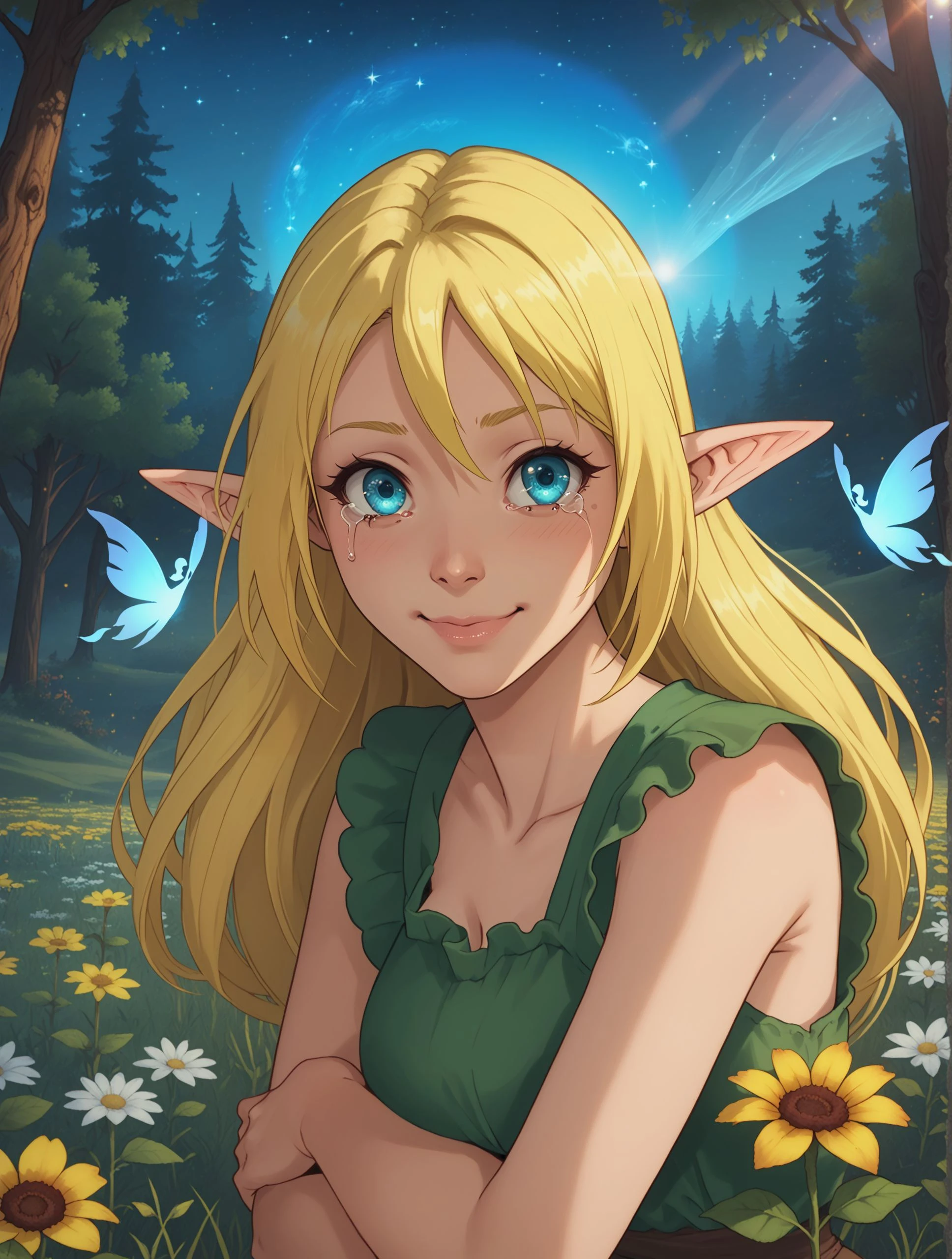 Tuka_Luna_Marceau, elf, 1girl, solo, blonde hair, blue eyes,
hugging a translucent, ghostly figure of her father,
sorrowful smile, tears, acceptance, bittersweet,
soft focus, glowing ethereal figures, particle effects (like fading embers), lens flare,
dreamlike landscape, field of flowers under a starry sky, remnants of a burned forest,
score_9, score_8_up, emotional, fantasy, atmospheric, masterpiece
<lora:Tuka_Luna_Marceau_Pony:1>