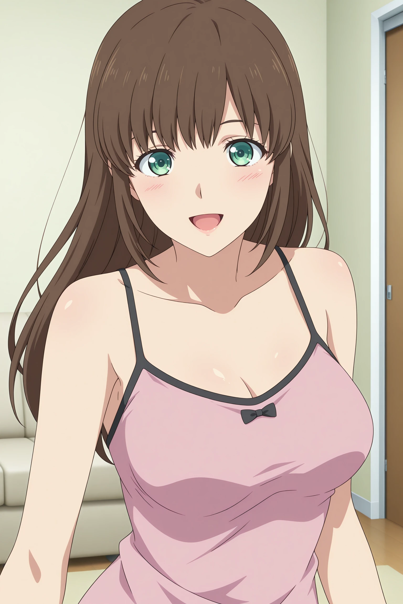 masterpiece, best quality, amazing quality, highres, absurdres, very aesthetic, high resolution, ultra detailed, perfect details, 1girl, solo, indoors, living room, tachibana hina, long hair, brown hair, sidelocks, choppy bangs, green eyes, pink camisole, spaghetti strap, black strap, white shorts, micro shorts, dolphin shorts, <lora:Hina_Tachibana_ILXL:0.9>, (aged up:1.2), (upper body:1.5), looking at viewer, (anime coloring:1.5), standing, dynamic pose, smile, open mouth