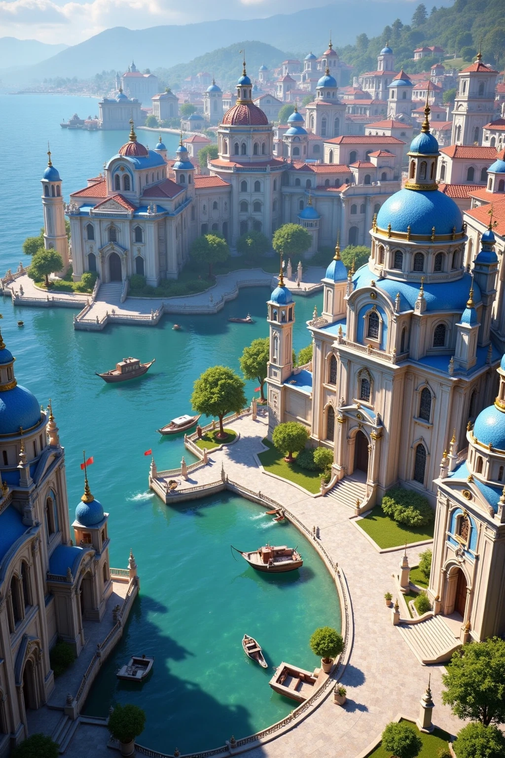 DJ_style,Fantasy architectural scenes, white - and - gold arched structures, symmetrical columns, neatly trimmed hedges, a calm, sunny day.