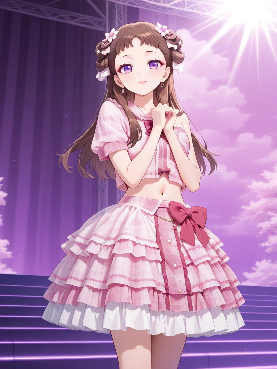 embedding:lazypos,detailed background,delicate, dreamy,
1girl, solo,
Kusuriya_Lishu, long hair, brown hair, hair ornament, purple eyes, hair flower, hair bun, double bun, short bangs, makeup, hair ribbon, hair rings, lipstick,
short single sleeve plaid shirt,bare shoulder, strap,pink shirt,red bowtie,lace trim,breast pocket,stomach,navel,
layered skirt,pink short plaid skirt,frills,lace trim,red waist bow,
cowboy_shot,bare_legs,   
standing,light_smile, own_hands_together, looking_at_viewer,       
outdoors, stage,sunlight,  
