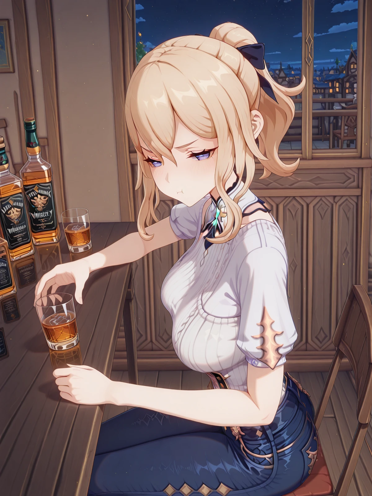 masterpiece, best quality, amazing quality,, <lora:genshin-jean-ingame-illustriousxl-lora-nochekaiser:1>, jean, jean (genshin impact), long hair, bangs, blue eyes, blonde hair, bow, hair between eyes, ponytail, hair bow, sidelocks, mature female, breasts, 3d,, <lora:drunk-pouting-illustriousxl-lora-nochekaiser:1>, drunk pouting, solo, looking at viewer, blush, shirt, holding, closed mouth, jewelry, sitting, white shirt, short sleeves, sky, pants, indoors, from side, sweater, cup, window, night, chair, table, bottle, denim, holding cup, night sky, drinking glass, alcohol, jeans, blue pants, :t, pout, whiskey, half-closed eyes,, , ,
