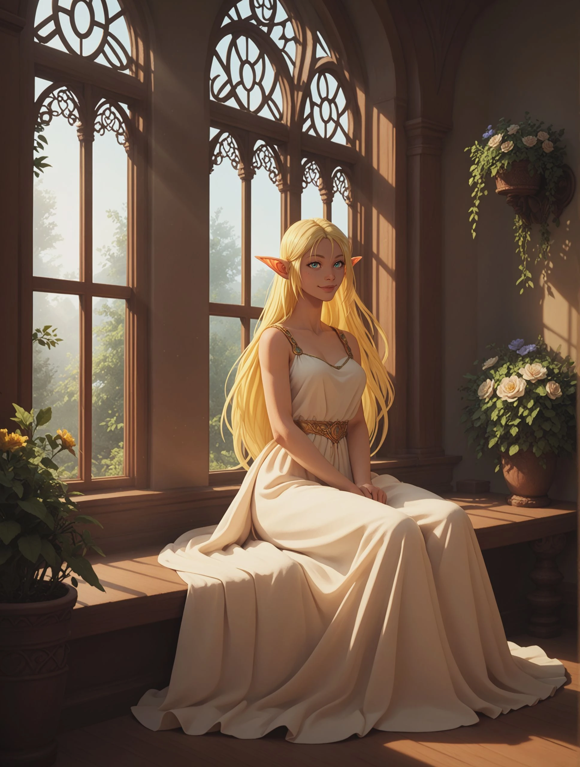 1girl, Tuka_Luna_Marceau elf, full body,
long flowing dress,
sitting on a windowsill, playing a lyre, singing, looking out the window,
serene, peaceful, gentle smile, melancholic,
soft sunlight streaming in, dust motes floating in the air, shallow depth of field,
cozy room, sunlit interior, large window overlooking a beautiful garden,
score_9, score_8_up, soft lighting, atmospheric, painterly, illustration
score_9, score_8_up, score_7_up, score_6_up, <lora:Tuka_Luna_Marceau_Pony:1>