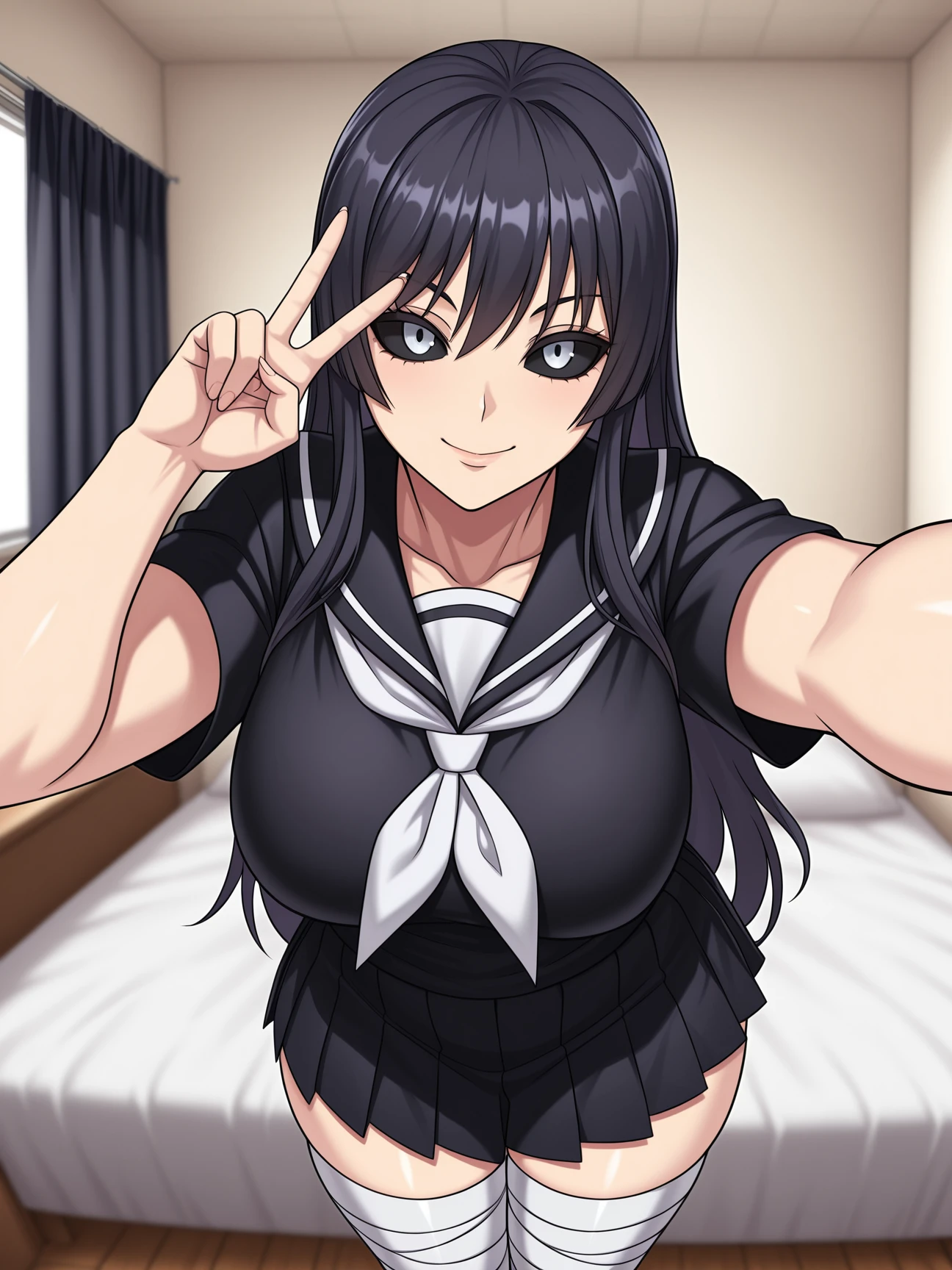 best quality, absurdres, highres, <lora:Karla Kure Illu:1> karlaillu, looking at viewer, school uniform, black serafuku, black skirt, bandaged leg, thighhighs, facing viewer, bedroom, kengan ashura, V