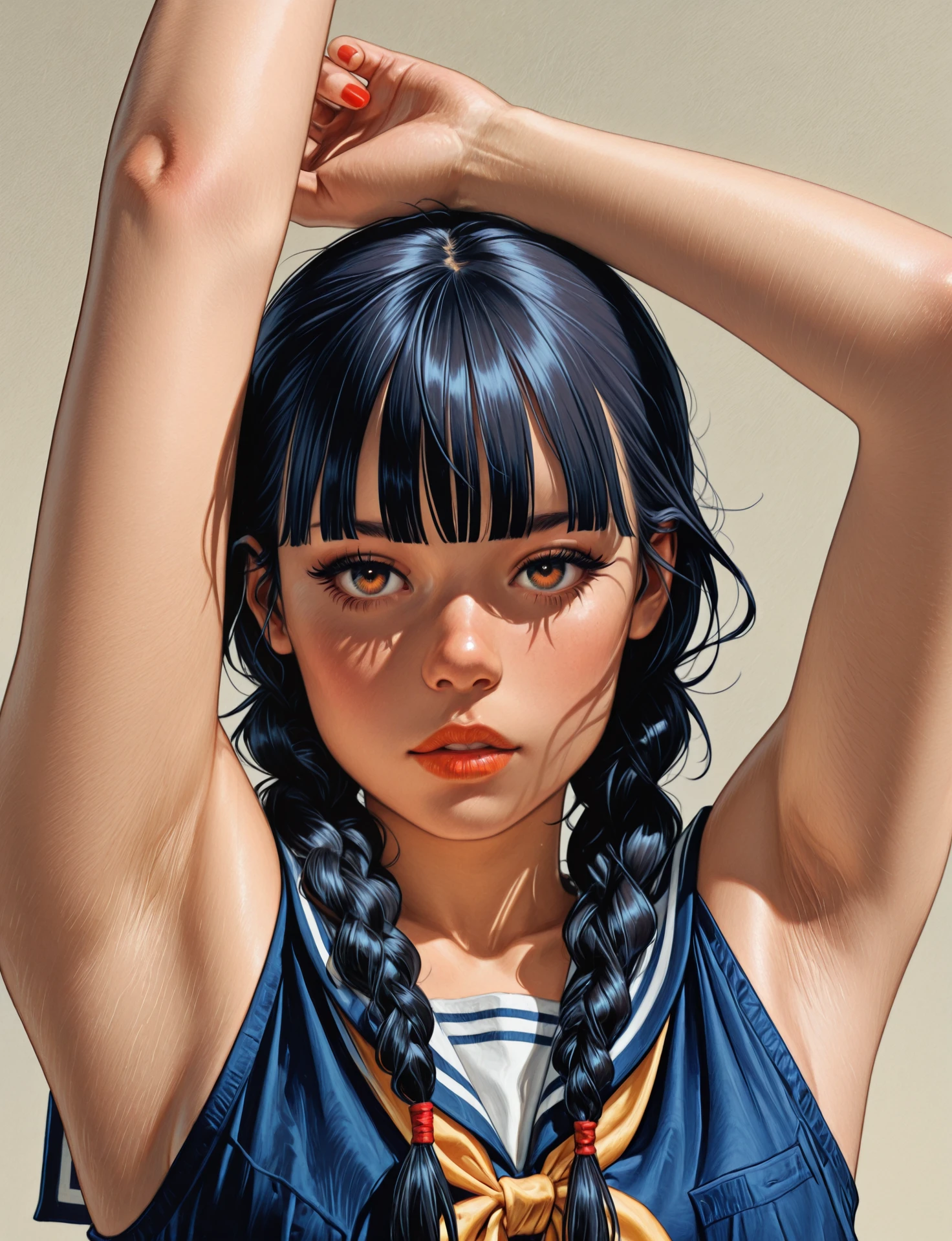 embedding:Stable_Yogis_PDXL_Positives, embedding:Stable_Yogis_PDXL_Positives2, embedding:lazypos, embedding:cr1sp,  ,, 1girl, armpits, arms up, bangs, black hair, blunt bangs, braid, braided ponytail, face, gradient, grey background, hands, lips, nail polish, sailor collar, single braid, sleeveless shirt, twin braids, upper body, masterpiece, best quality, amazing quality, very aesthetic, absurdres, newest, (scenery, volumetric lighting), 8k, detail, sharp focus, HDR, bold outlines, strong shadows, high contrast, smooth gradients, ultra detailed, vibrant, stunningly beautiful, crisp lines, detailed, sleek, ultramodern, subtle shadows, intricate, professional, high-resolution, perfect lighting, very awa, ultradetailed, solo, depth, complex lighting, movie quality
,