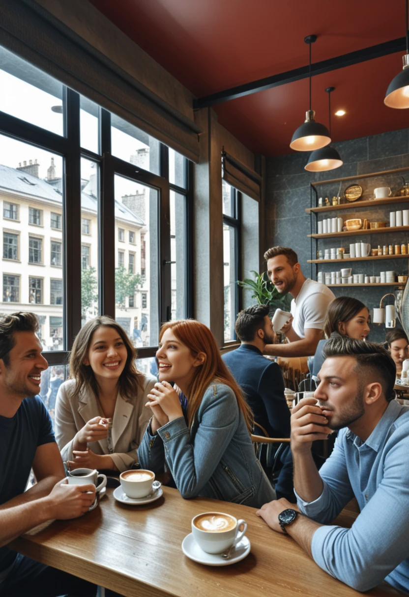 core_9, score_8_up, score_7_up, realistic scene of a bustling café with people chatting, high-resolution depiction, natural indoor lighting, detailed expressions and interactions, 8K, hyper-realistic fabrics and faces, masterpiece, best quality, ultra detailed, sharp clarity, atmospheric depth.