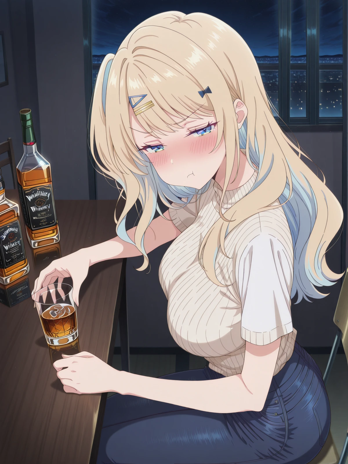 masterpiece, best quality, amazing quality,, <lora:luna-shirakawa-s1-illustriousxl-lora-nochekaiser:1>, luna shirakawa, long hair, blue eyes, blonde hair, hair ornament, bow, multicolored hair, hairclip, mature female, medium breasts, anime screencap, <lora:drunk-pouting-illustriousxl-lora-nochekaiser:1>, drunk pouting, solo, looking at viewer, blush, shirt, holding, closed mouth, jewelry, sitting, white shirt, short sleeves, sky, pants, indoors, from side, sweater, cup, window, night, chair, table, bottle, denim, holding cup, night sky, drinking glass, alcohol, jeans, blue pants, :t, pout, whiskey, half-closed eyes,, , ,