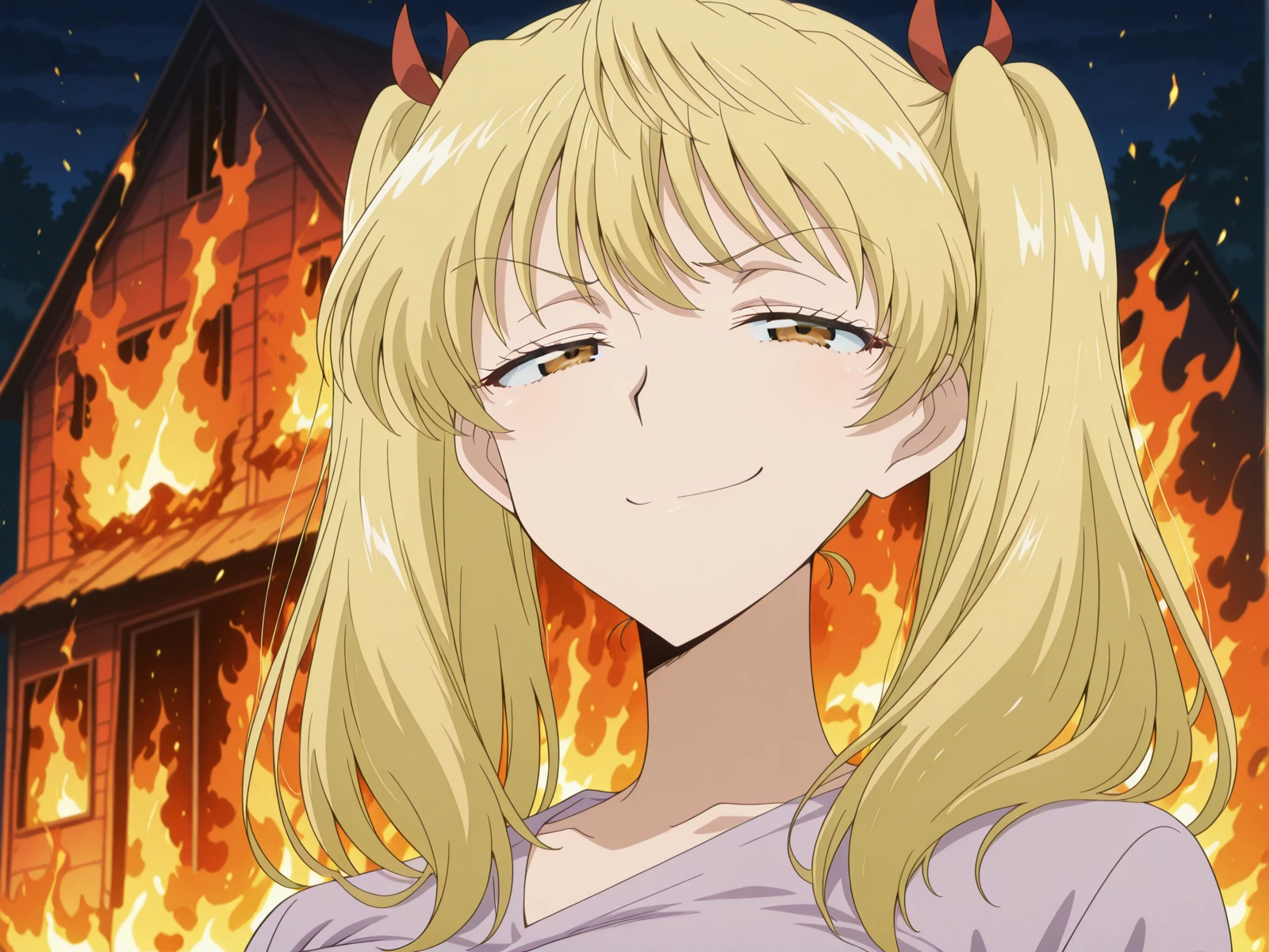 masterpiece, best quality, amazing quality,, <lora:eri-sawachika-s2-illustriousxl-lora-nochekaiser:1>, eri sawachika, medium hair, yellow hair, twintails, brown eyes, large breasts, mature female, anime screencap,, <lora:disaster-girl-illustriousxl-lora-nochekaiser:1>, disaster girl, disaster girl (meme), solo, looking at viewer, smile, closed mouth, upper body, blurry, blurry background, night, depth of field, half-closed eyes, parody, fire, meme, smug, burning house,, , ,