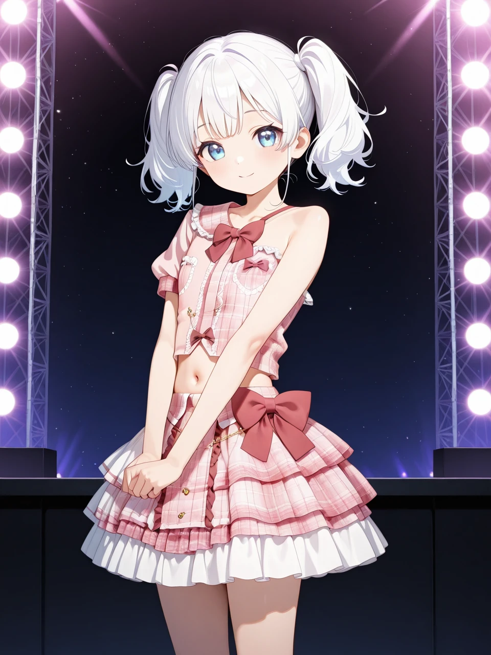embedding:lazypos,detailed background,delicate, dreamy,
1girl, solo,
Komako Semenobitch,white hair, twintails, blue_eyes,flat chest, short body,
short single sleeve plaid shirt,bare shoulder, strap,pink shirt,red bowtie,lace trim,breast pocket,stomach,navel,
layered skirt,pink short plaid skirt,frills,lace trim,red waist bow,
cowboy_shot,bare_legs,   
standing,light_smile, own_hands_together, looking_at_viewer,       
stage,stage_lights, 
