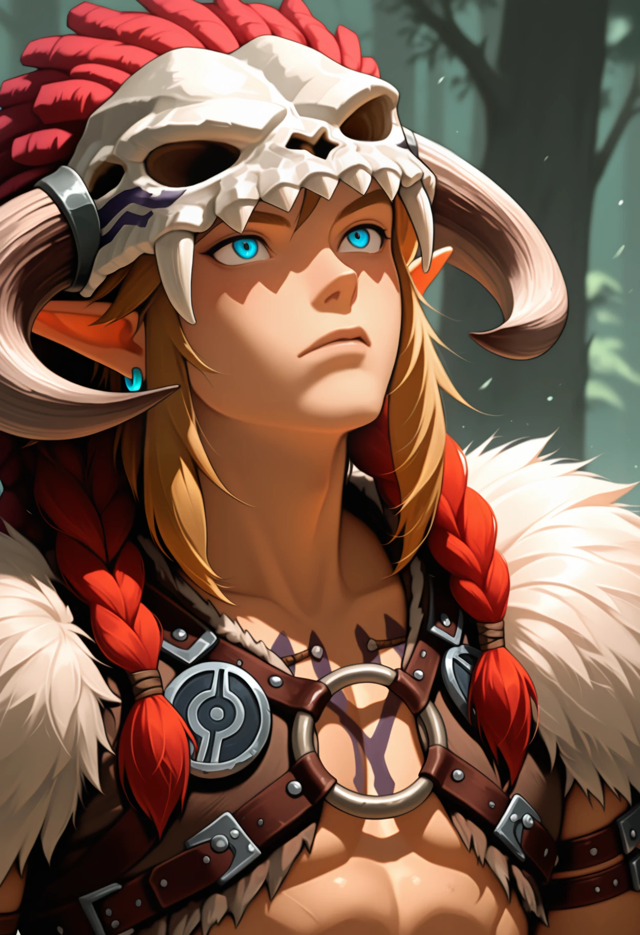 masterpiece, best quality, amazing quality, very aesthetic, high resolution, ultra-detailed, absurdres, barbarian, link, 1boy, solo, fur trim, animal skull, (portrait:0.75), <lora:LinkBarbarian-10:0.85>