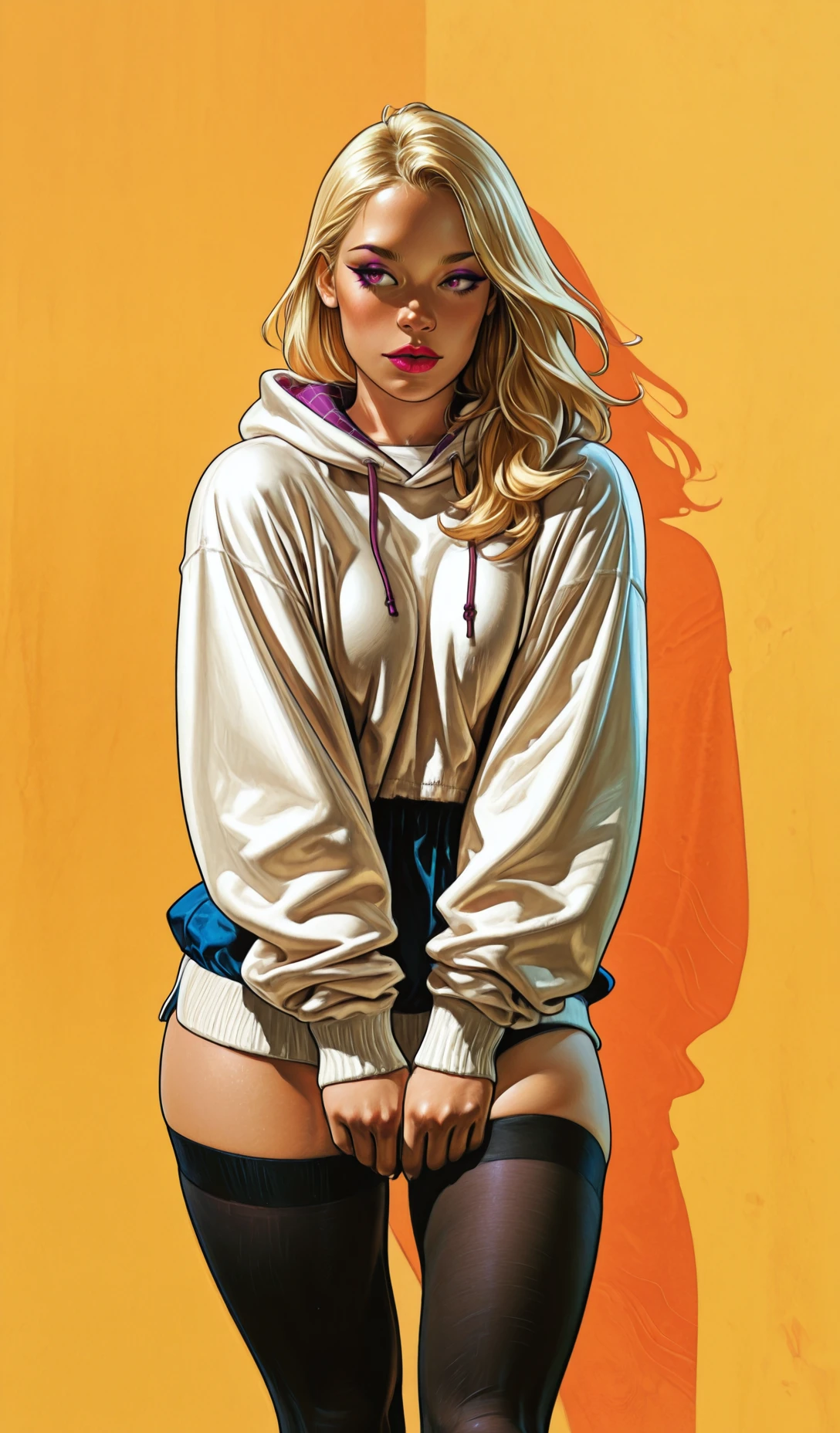 embedding:Stable_Yogis_PDXL_Positives, embedding:Stable_Yogis_PDXL_Positives2, embedding:lazypos, embedding:cr1sp, Spidergwen,, 1girl, black legwear, blonde hair, hood, hood down, hooded jacket, hoodie, jacket, lips, lipstick, long sleeves, makeup, orange background, yellow background, masterpiece, best quality, amazing quality, very aesthetic, absurdres, newest, (scenery, volumetric lighting), 8k, detail, sharp focus, HDR, bold outlines, strong shadows, high contrast, smooth gradients, ultra detailed, vibrant, stunningly beautiful, crisp lines, detailed, sleek, ultramodern, subtle shadows, intricate, professional, high-resolution, perfect lighting, very awa, ultradetailed, solo, depth, complex lighting, movie quality
,