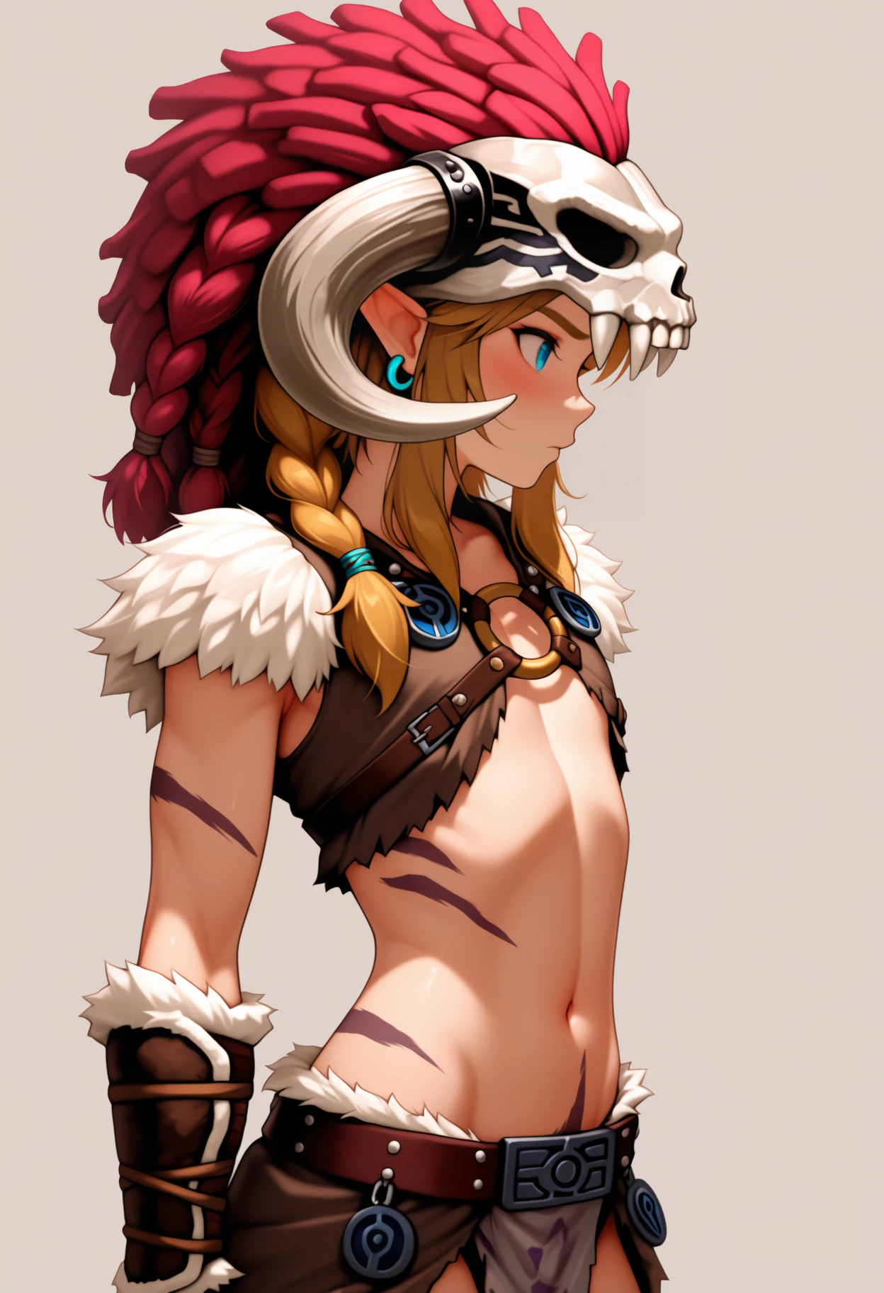 masterpiece, best quality, amazing quality, very aesthetic, high resolution, ultra-detailed, absurdres, barbarian, link, 1boy, otoko no ko,solo, fur trim, animal skull, <lora:LinkBarbarian-10:0.85>