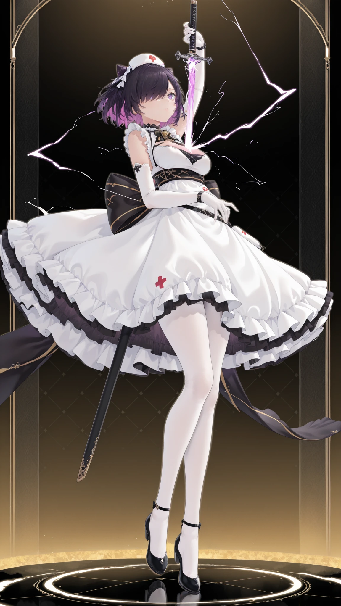 geometric background,
color art,intricate details,high contrast,detailed background,beautiful detailed,
1girl,solo,facing up,electricity,floating hair,(holding sword:1.2),human scabbard,
neon lights,glowing katana,holographic circuits,
vibrant colors,cinematic lighting,high-tech accessories,futuristic vibes,ready to draw,scabbard,(dynamic pose:1.2),thunder sword,1girl,solo,
masterpiece,best quality,amazing quality,<lora:贾维æ¯:1>,cone hair bun,hair over one eye,multicolored hair,purple eyes,purple hair,short hair,two-tone hair,
diertaoHMS,dierHMS black and gold belt,dierHMS coronet,dierHMS ankle strap,dierHMS neck bell,dierhms black and gold neck bow,dierHMS black footwear,dierhms black and gold back bow,dierHMS white dress,dierHMS white elbow gloves,frills,dierHMS nurse cap,dierHMS head ribbon,dierHMS white pantyhose,
(from_side:1.3),