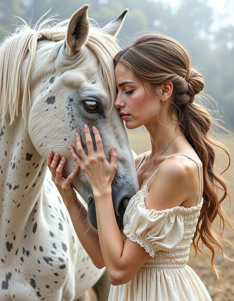 Create a chalk painting image with a soft, ethereal quality that features a young woman and a white horse,the woman has long, light brown hair that falls down her back wearing a sleeveless, cream-colored dress made of a textured, slightly sheer fabric that gives the woman a delicate and airy appearance, she is gently stroking the horse's muzzle, her eyes are closed, suggesting a moment of deep connection and affection,the horse, standing to the left of the woman, is a large, white creature with dappled fur that provides a subtle contrast to the overall monochrome tones of the image, the horse's eyes are closed, reflecting the woman's peaceful demeanor, background is a hazy, misty gray, adding to the dreamy, almost surreal atmosphere, bokeh lighting, overall color palette is muted, with cream, white, and beige tones, hyper-detailed, masterpiece, award winning, midjourneyv6.1, linquivera, liiv1, Papercut <lora:Flux_Krea_Blaze_Lora-rank32:1> <lora:badmilk:1>