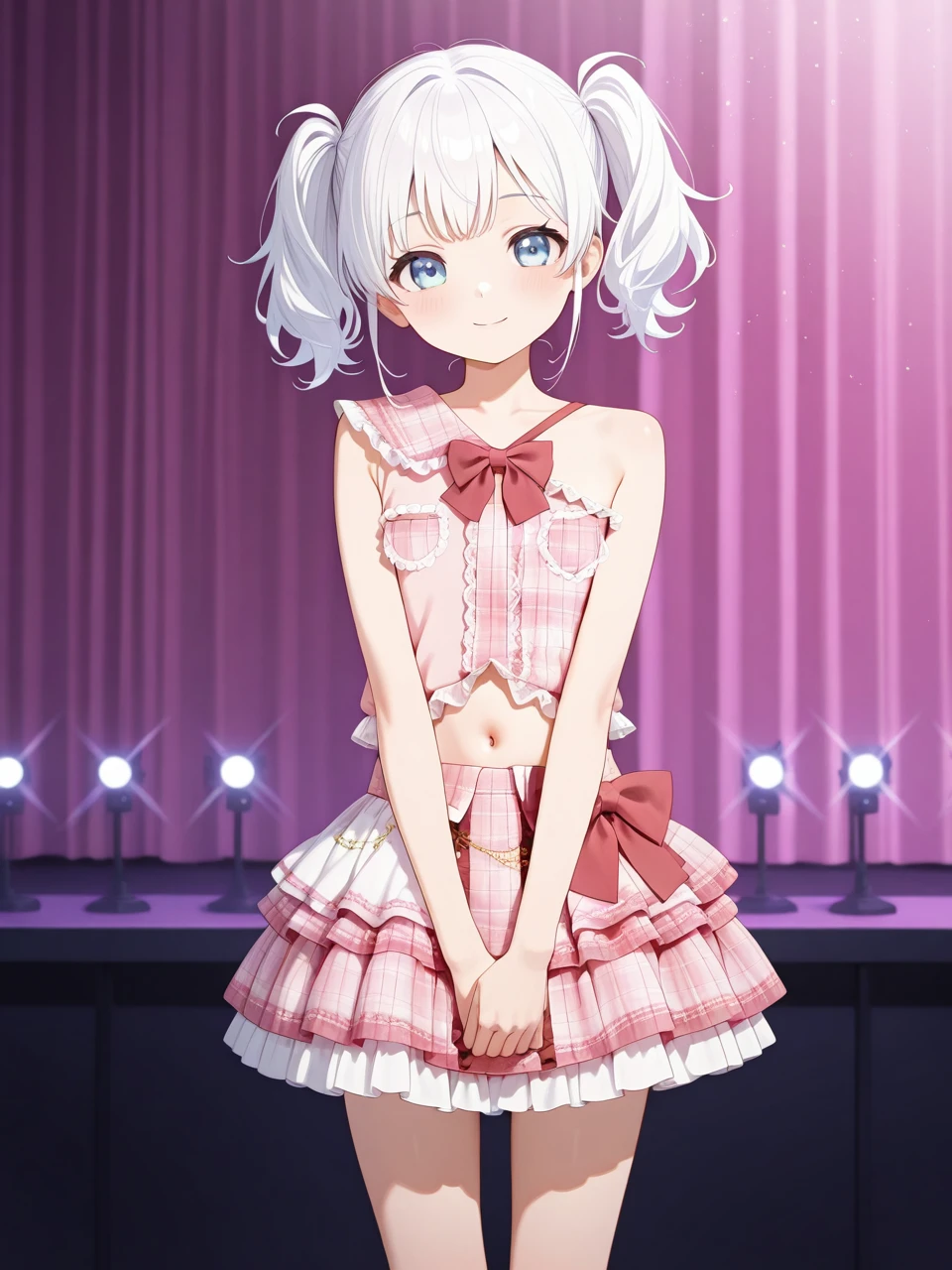 embedding:lazypos,detailed background,delicate, dreamy,
1girl, solo,
Komako Semenobitch,white hair, twintails, blue_eyes,flat chest, short body,
short single sleeve plaid shirt,bare shoulder, strap,pink shirt,red bowtie,lace trim,breast pocket,stomach,navel,
layered skirt,pink short plaid skirt,frills,lace trim,red waist bow,
cowboy_shot,bare_legs,   
standing,light_smile, own_hands_together, looking_at_viewer,       
stage,stage_lights, 
