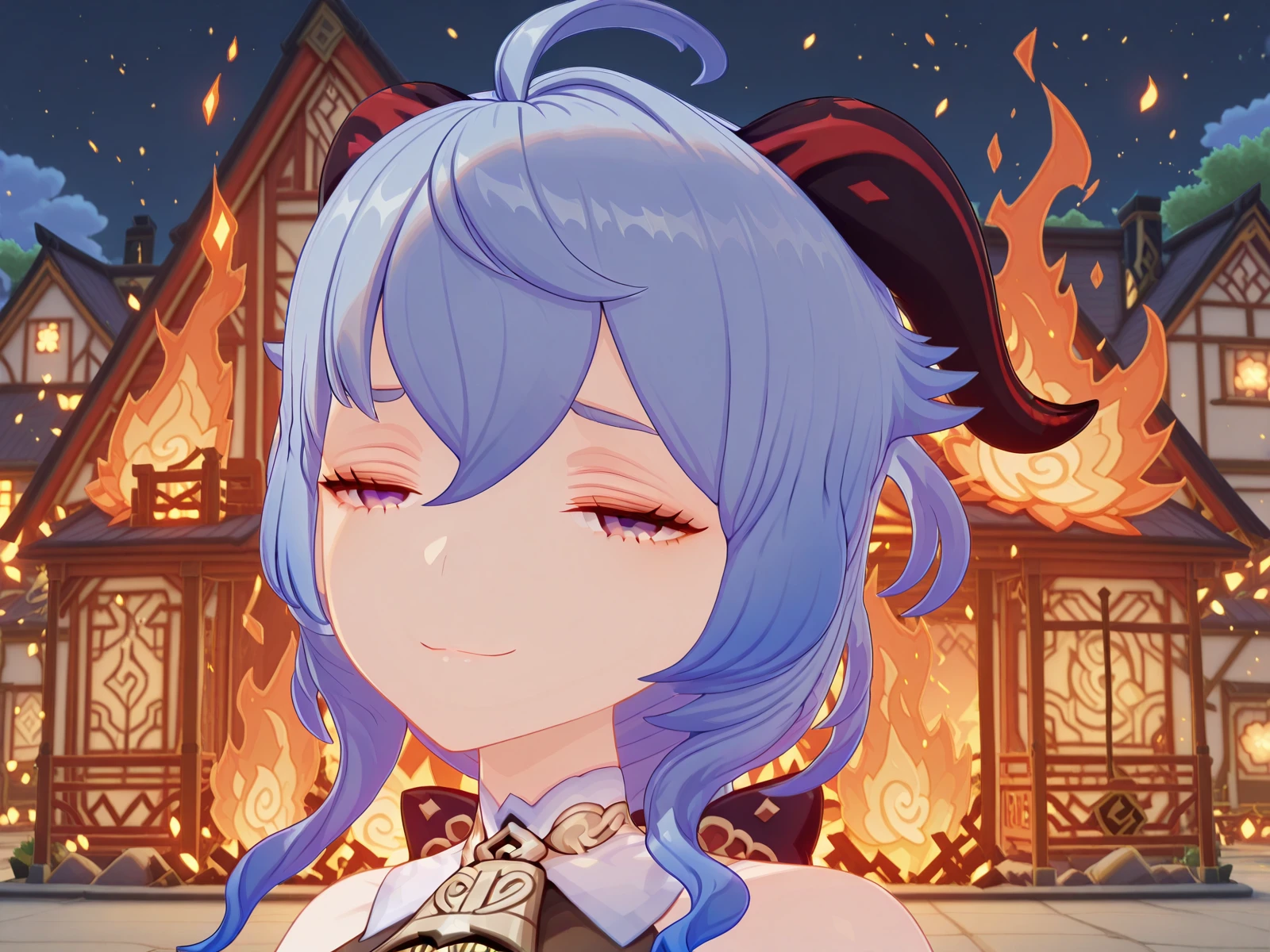 masterpiece, best quality, amazing quality,, <lora:genshin-ganyu-ingame-illustriousxl-lora-nochekaiser:1>, ganyu, ganyu (genshin impact), blue hair, goat horns, horns, long hair, purple eyes, sidelocks, mature female, medium breasts, 3d,, <lora:disaster-girl-illustriousxl-lora-nochekaiser:1>, disaster girl, disaster girl (meme), solo, looking at viewer, smile, closed mouth, upper body, blurry, blurry background, night, depth of field, half-closed eyes, parody, fire, meme, smug, burning house,, , ,