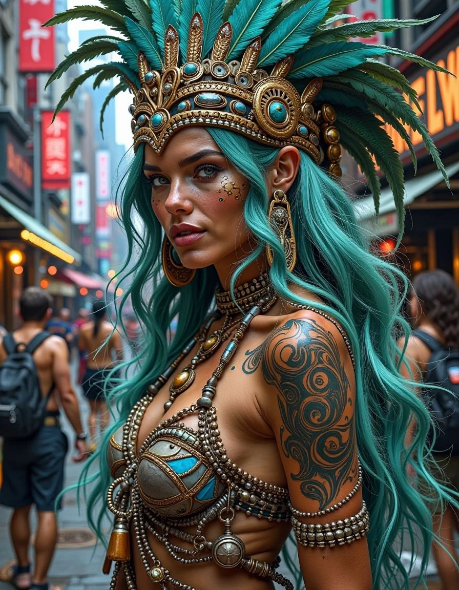 <lora:Flux_Krea_Blaze_Lora-rank32:1> <lora:badmilk:1>A captivating image of a woman with flowing teal hair and intricate body paint, standing confidently in a bustling cyberpunk city. She wears an elaborate feathered headdress and tribal jewelry, blending traditional aesthetics with a modern, dynamic urban environment. The scene is rendered in a cinematic style, with golden rim lighting and botanical forms, reminiscent of art nouveau and digital painting techniques.