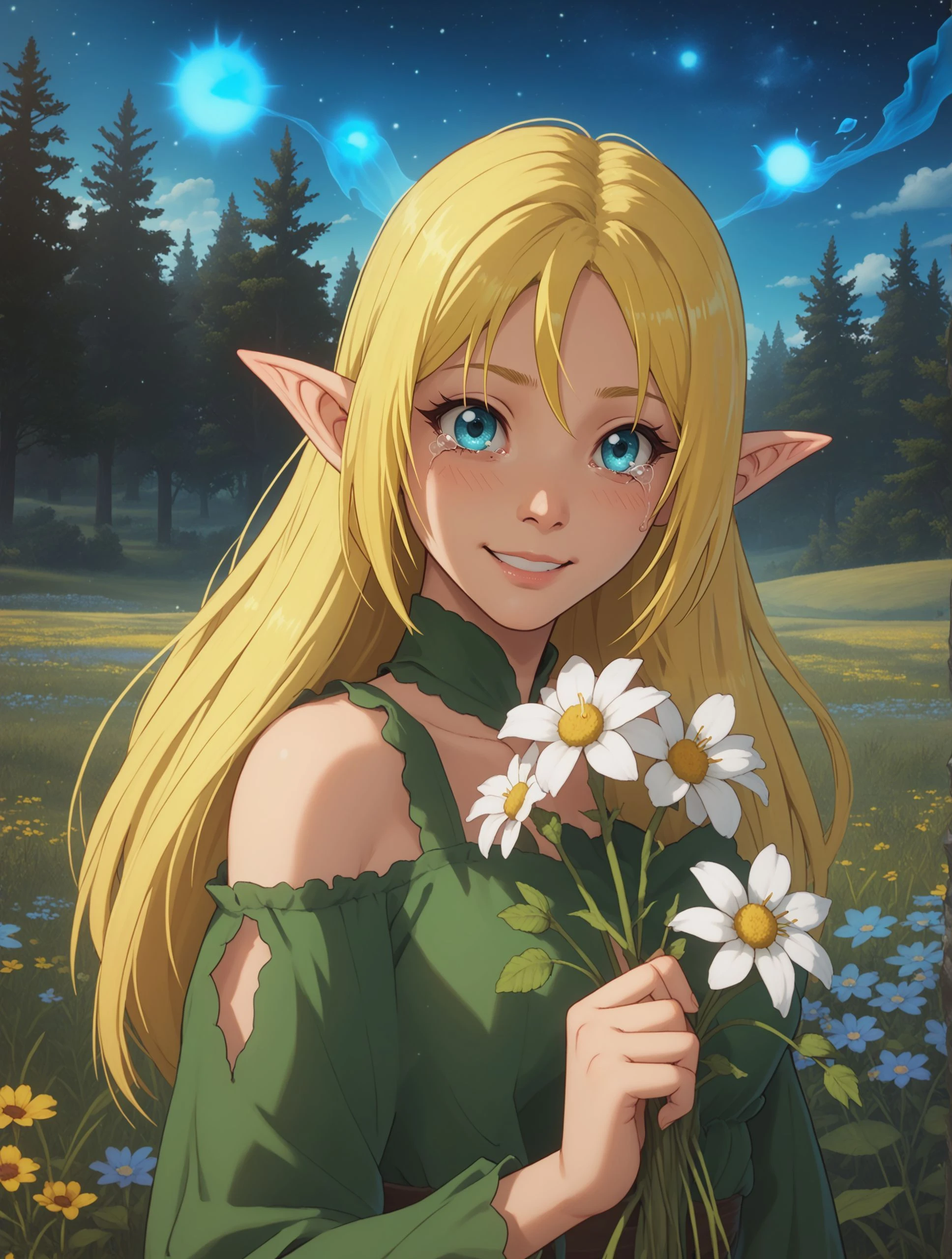 Tuka_Luna_Marceau, elf, 1girl, solo, blonde hair, blue eyes,
hugging a translucent, ghostly figure of her father,
sorrowful smile, tears, acceptance, bittersweet,
soft focus, glowing ethereal figures, particle effects (like fading embers), lens flare,
dreamlike landscape, field of flowers under a starry sky, remnants of a burned forest,
score_9, score_8_up, emotional, fantasy, atmospheric, masterpiece
<lora:Tuka_Luna_Marceau_Pony:1>