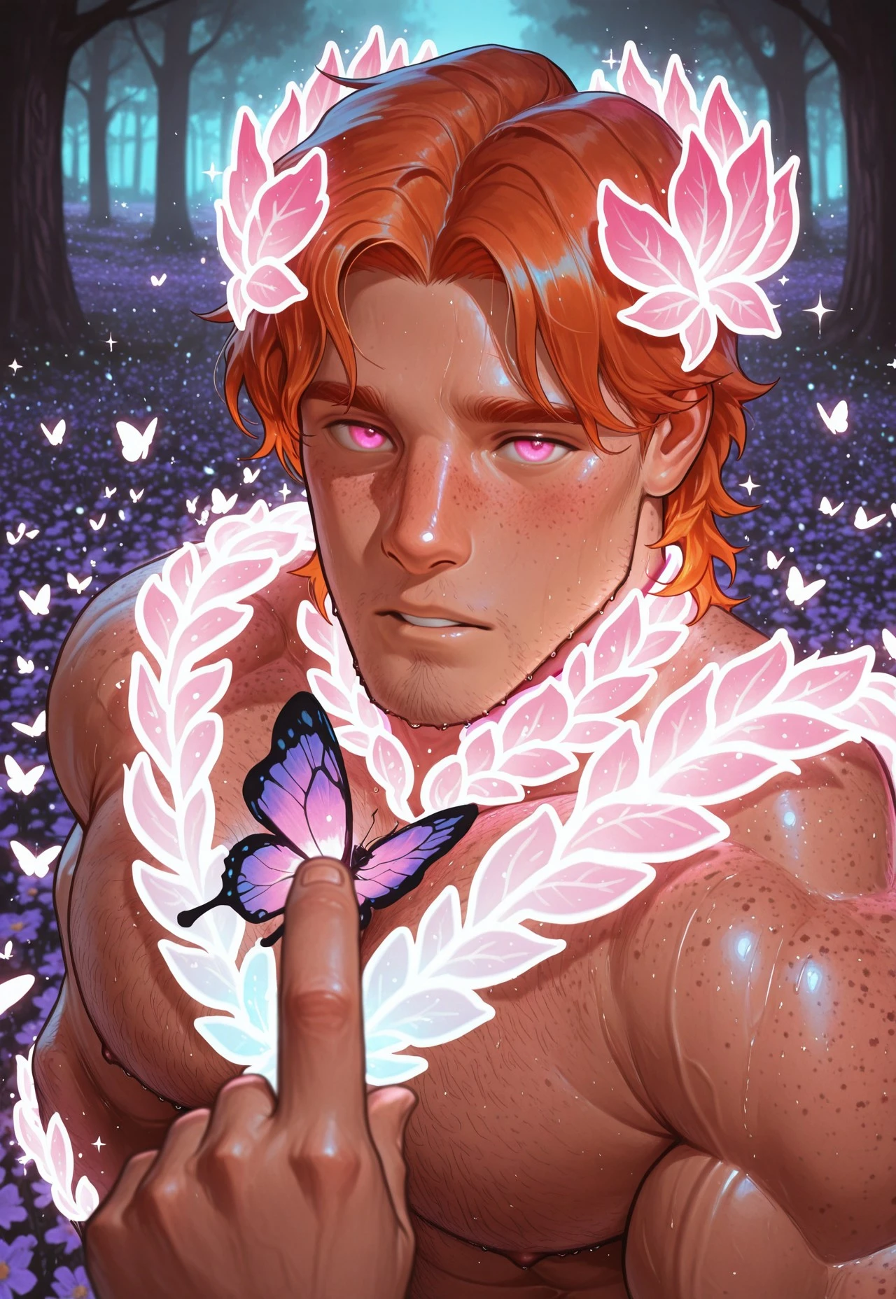 masterpiece, high quality, amazing quality, detailed background, intricate details, dynamic, cinematic, art shading, solo, male focus, high resolution, newest, depth of field, bara, yaoi, perfect face, 1 boy, ginger hair, parted hair, short hair, stubble, pink eyes, freckles, parted lips, magic laurel crown, (glowing laurel crown), pink laurel crown, magic collar, glowing collar, muscular male, large pectorals, broad shoulders, butterfly on finger, glowing butterfly, looking at viewer, butterfly field, portrait, fantasy back ground, magic forest, sparkle, magic light swirls, from above, side view
