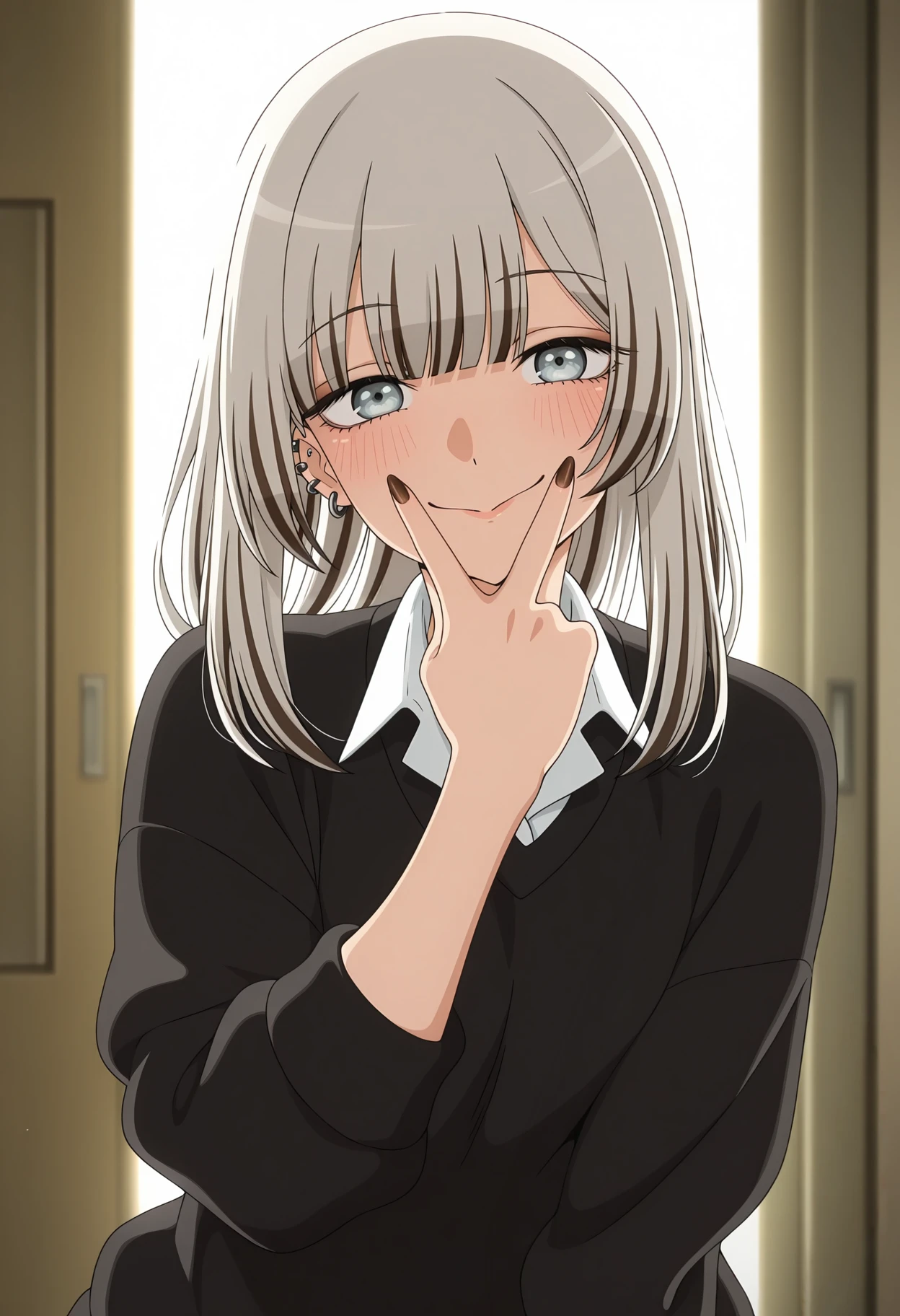 masterpiece,best quality, anime coloring, anime screencap,
1girl,solo, blush, looking at viewer, smile, v over mouth, ear piercing, earrings, collared shirt, multiple piercings, long hair, nail polish, upper body, grey hair, grey eyes, black nails, black sweater, blurry background, multicolored hair, brown hair, fingernails, closed mouth, long sleeves, brown nails, blunt bangs, indoors, backlighting, black hair, streaked hair, wing collar
<lora:kasai_seira_meipaws:1>