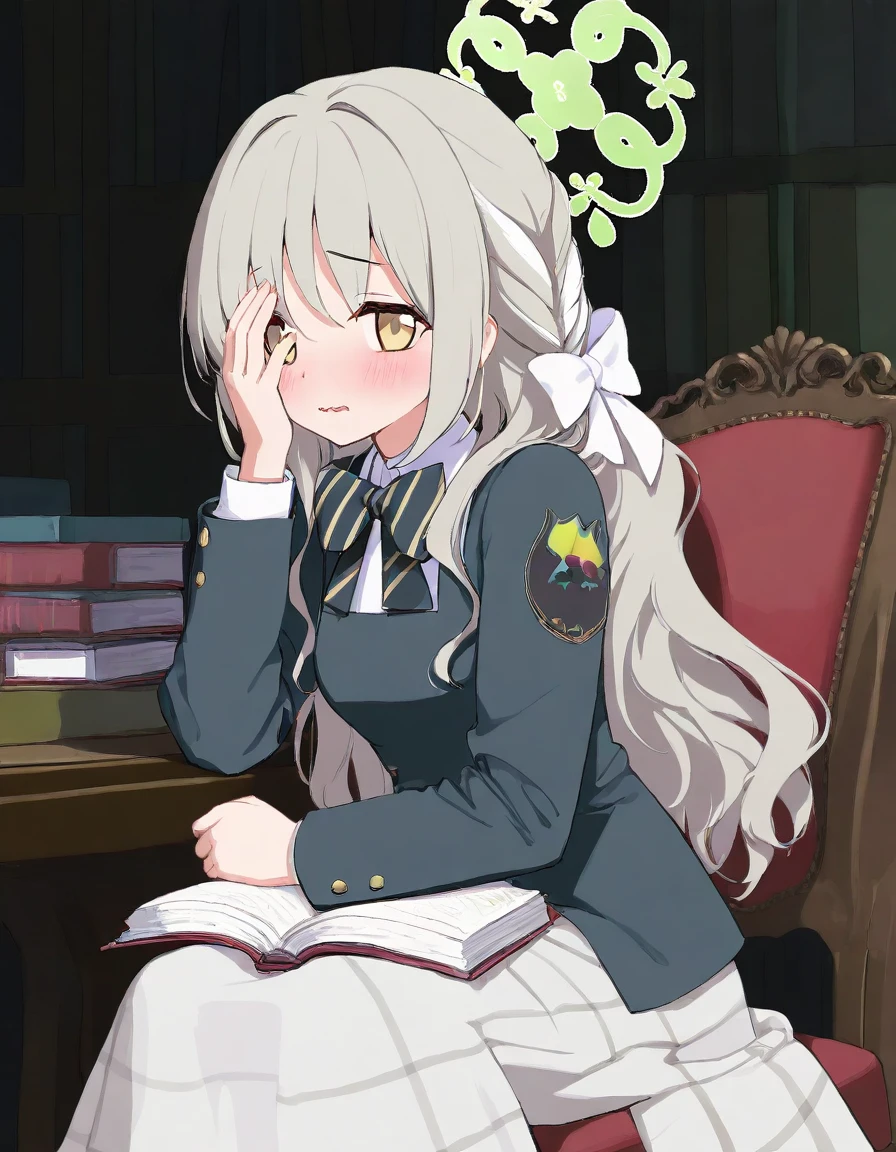 miyo \(blue archive\),<lora:miyo_xl_v1.0:1>,<lora:BAstyle_v2:0.8>,(artist:ningen_mame:0.9),(artist:sho_(sho_lwlw):0.9),(artist:rhasta:0.9),(artist:wlop:0.7),(artist:ke-ta:0.6),(fkey:0.5),(fuzichoco:0.6),artist:chen bin,(hyouuma:0.85),looking_at_viewer,full_shot,1girl,solo,facepalm,shy,wavy mouth,sitting,reading,library,very awa,masterpiece,best quality,year 2024,newest,highres,absurdres,best quality,amazing quality,very aesthetic,absurdres,