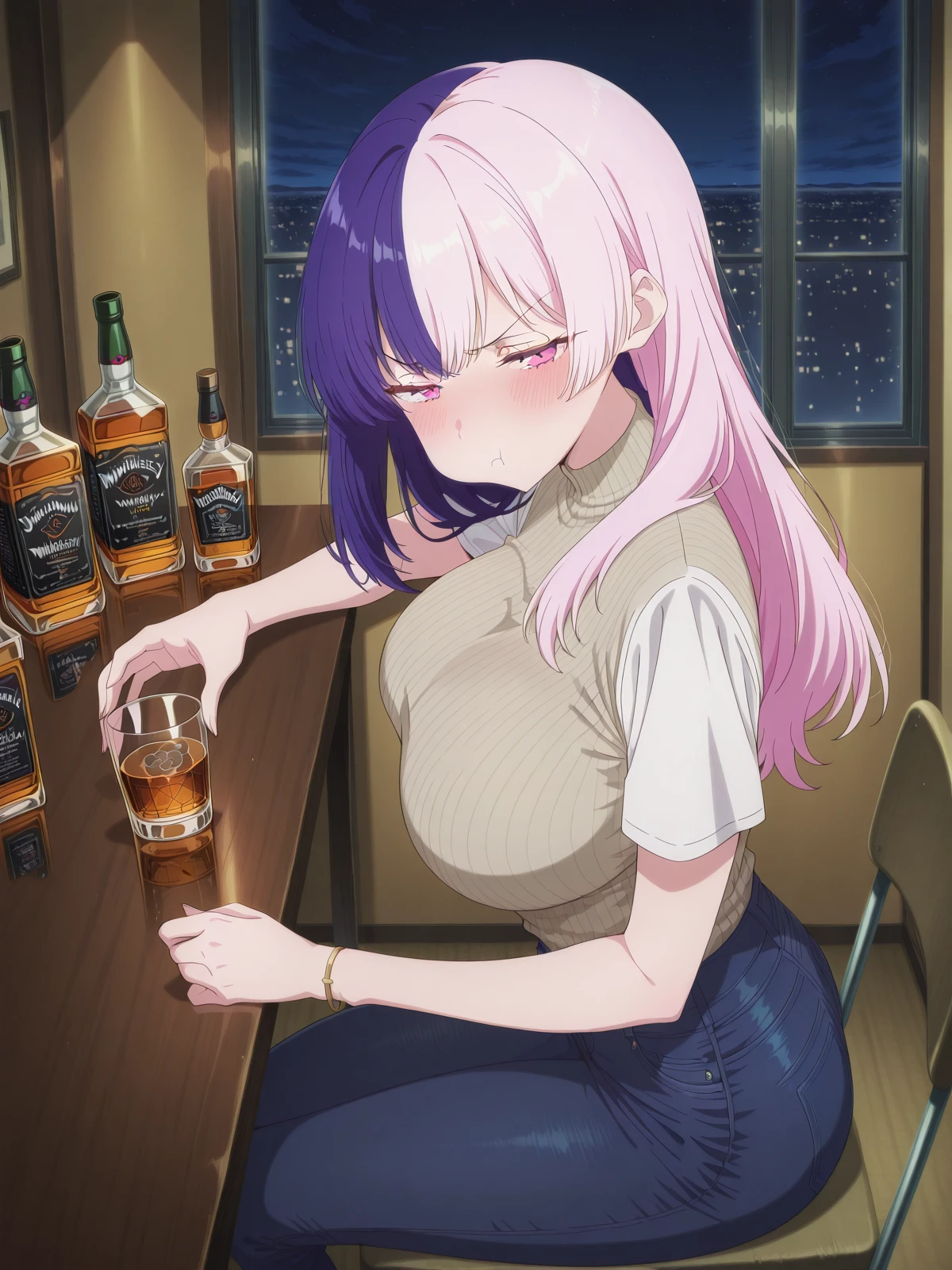 masterpiece, best quality, amazing quality,, <lora:nagomi-s1-illustriousxl-lora-nochekaiser:1>, nagomi, long hair, bangs, purple hair, pink hair, multicolored hair, pink eyes, two-tone hair, split-color hair, mature female, large breasts, anime screencap,, <lora:drunk-pouting-illustriousxl-lora-nochekaiser:1>, drunk pouting, solo, looking at viewer, blush, shirt, holding, closed mouth, jewelry, sitting, white shirt, short sleeves, sky, pants, indoors, from side, sweater, cup, window, night, chair, table, bottle, denim, holding cup, night sky, drinking glass, alcohol, jeans, blue pants, :t, pout, whiskey, half-closed eyes,, , ,