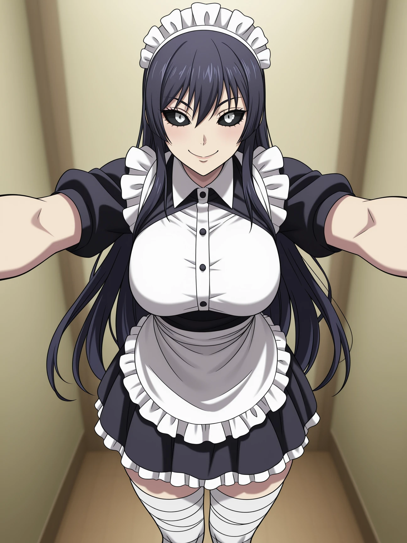best quality, absurdres, highres,  <lora:Karla Kure Illu:1> karlaillu, black sclera,  looking at viewer, maid,  bandaged leg, thighhighs, kengan \(series\), anime screenshot, smile,